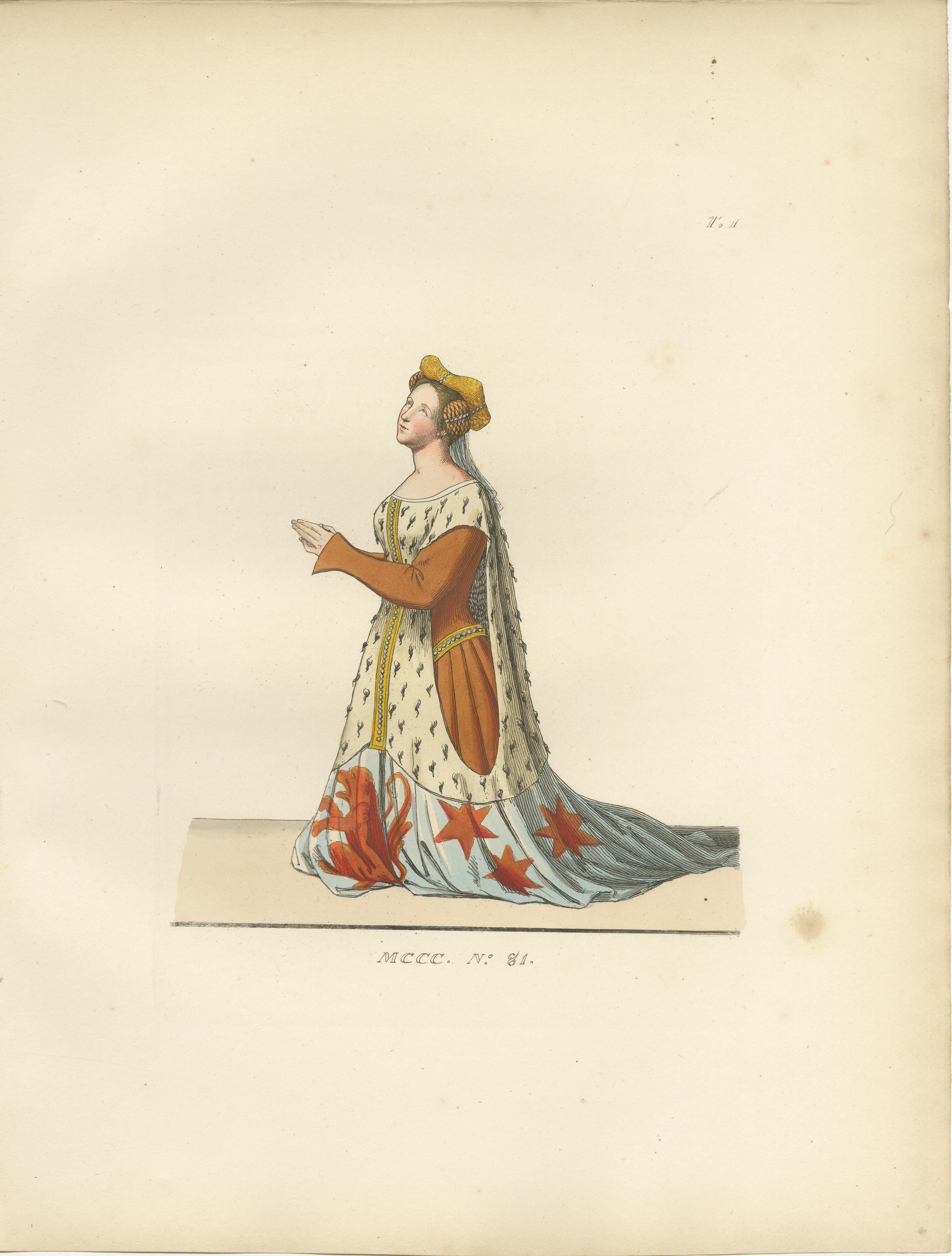 French Heraldic Costumes c.1400 – Antique 1845 Prints of Knight and Lady, Hand-Coloured For Sale