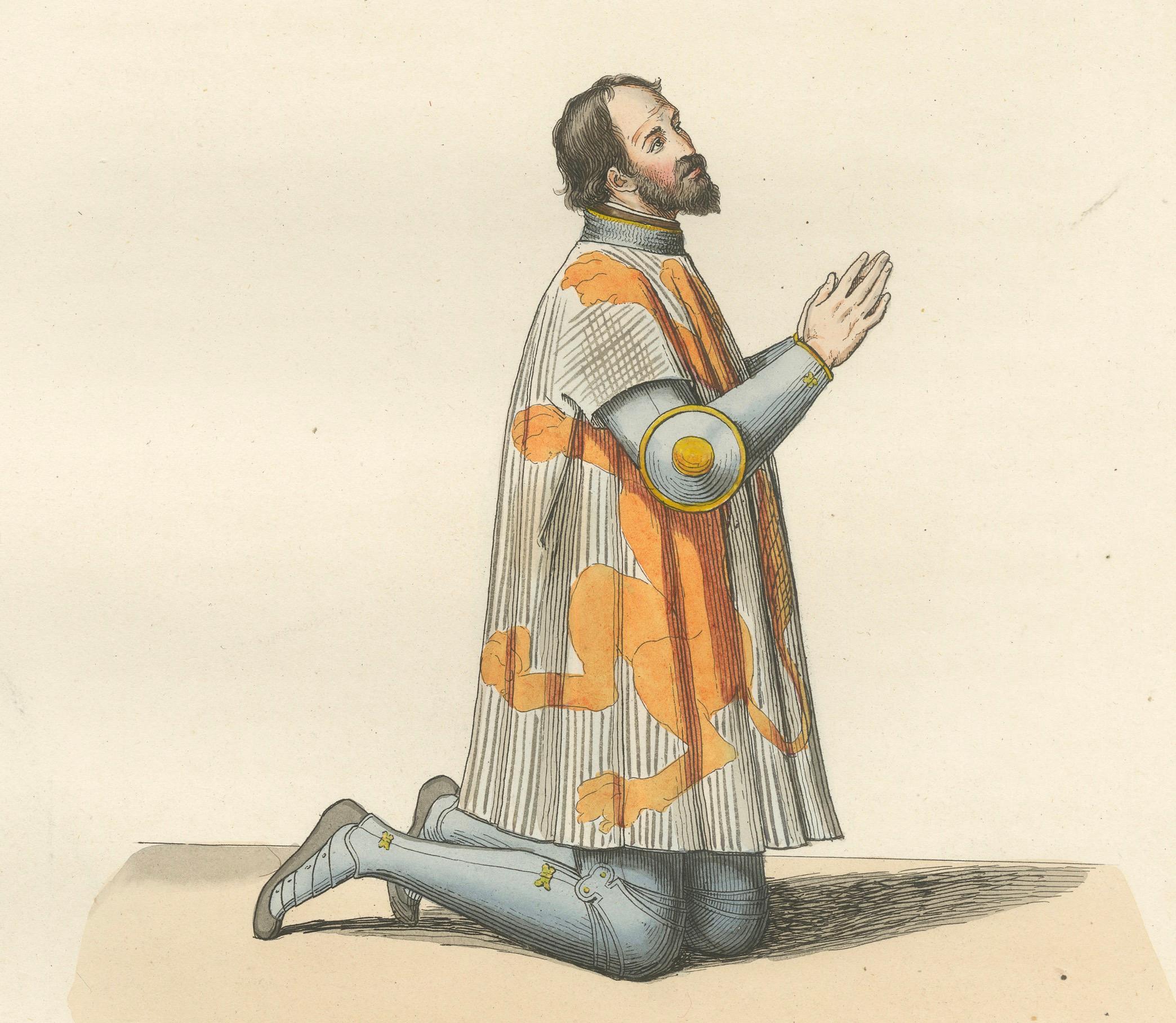 Engraved Heraldic Costumes c.1400 – Antique 1845 Prints of Knight and Lady, Hand-Coloured For Sale