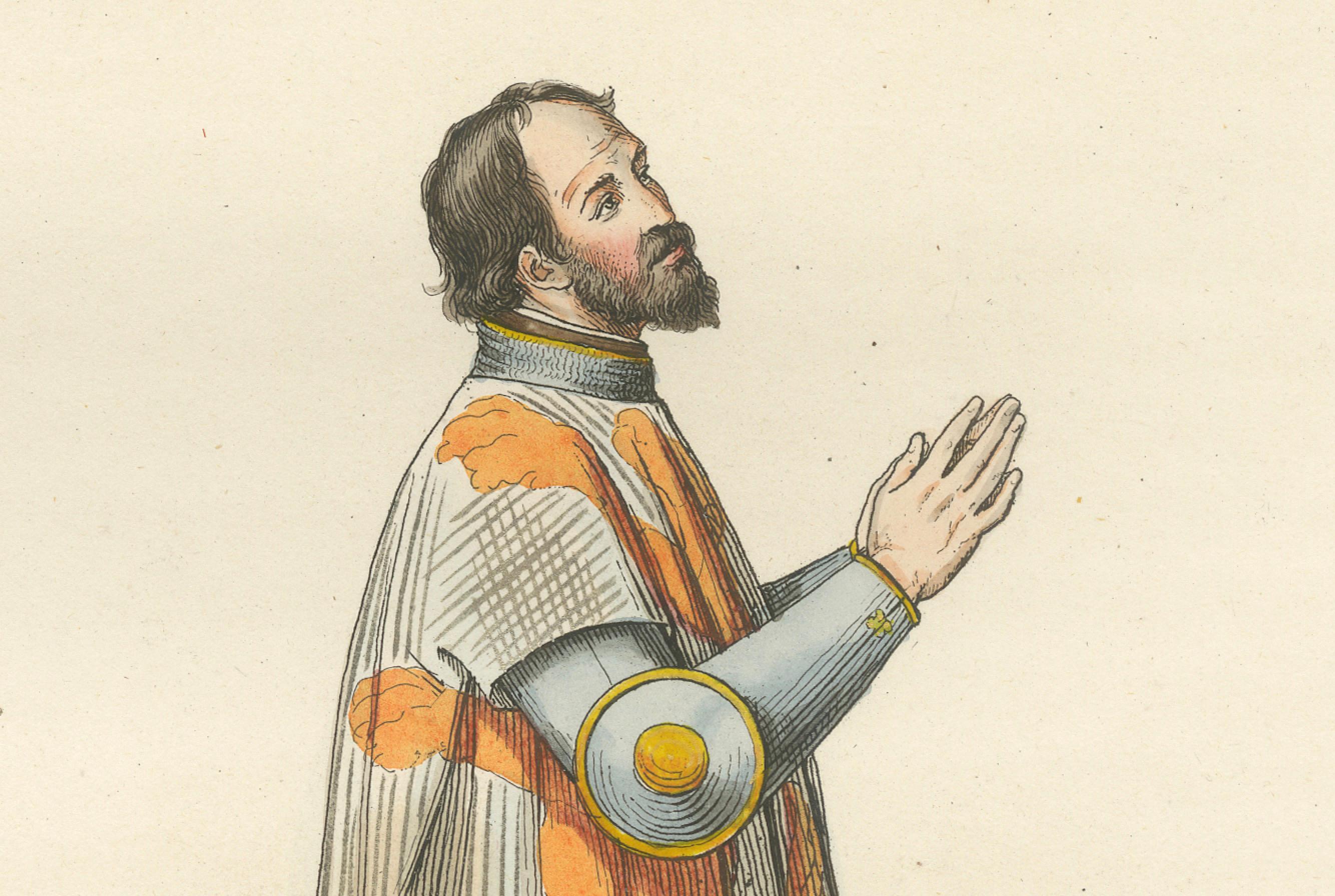 Heraldic Costumes c.1400 – Antique 1845 Prints of Knight and Lady, Hand-Coloured In Good Condition For Sale In Langweer, NL