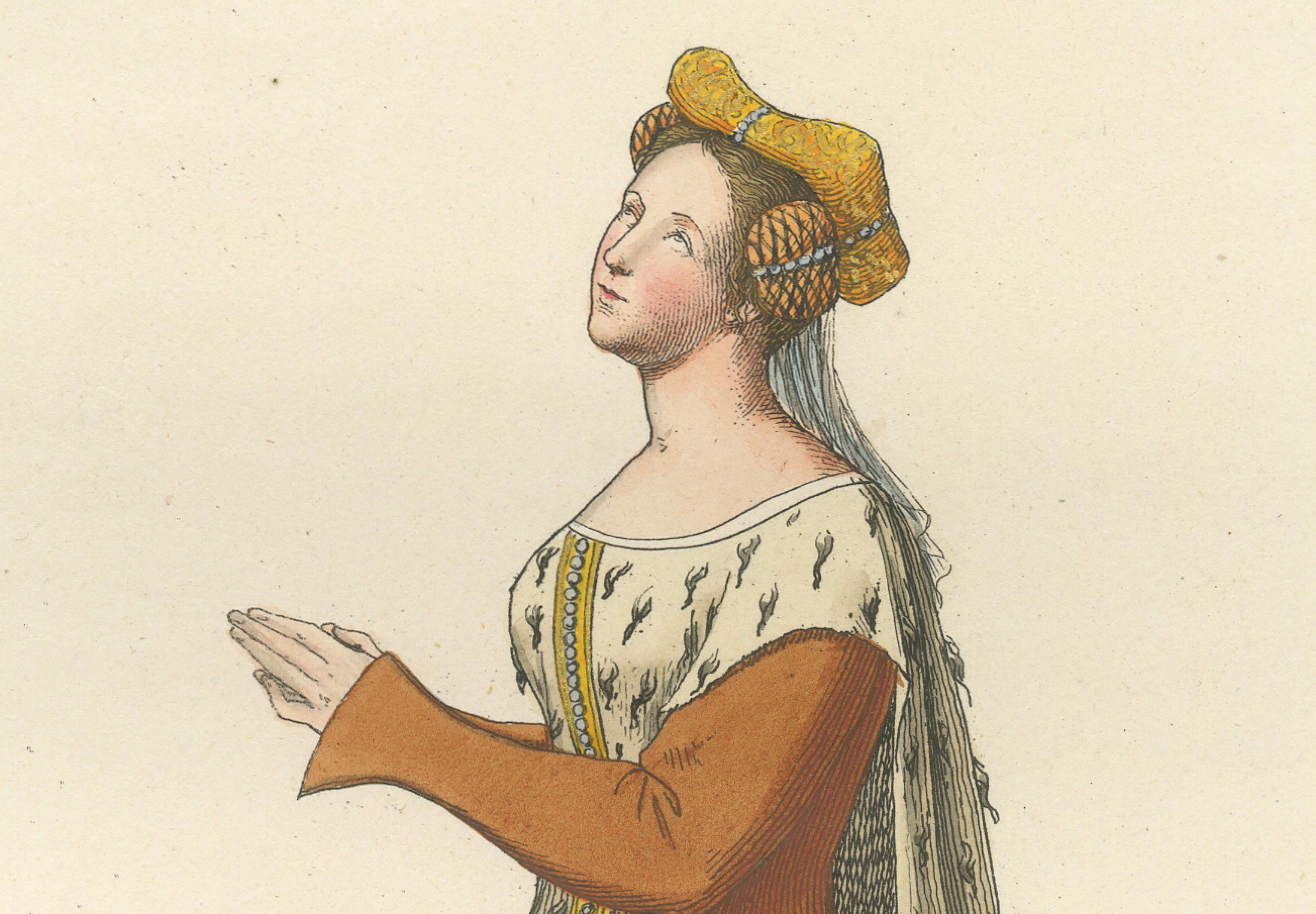 Paper Heraldic Costumes c.1400 – Antique 1845 Prints of Knight and Lady, Hand-Coloured For Sale