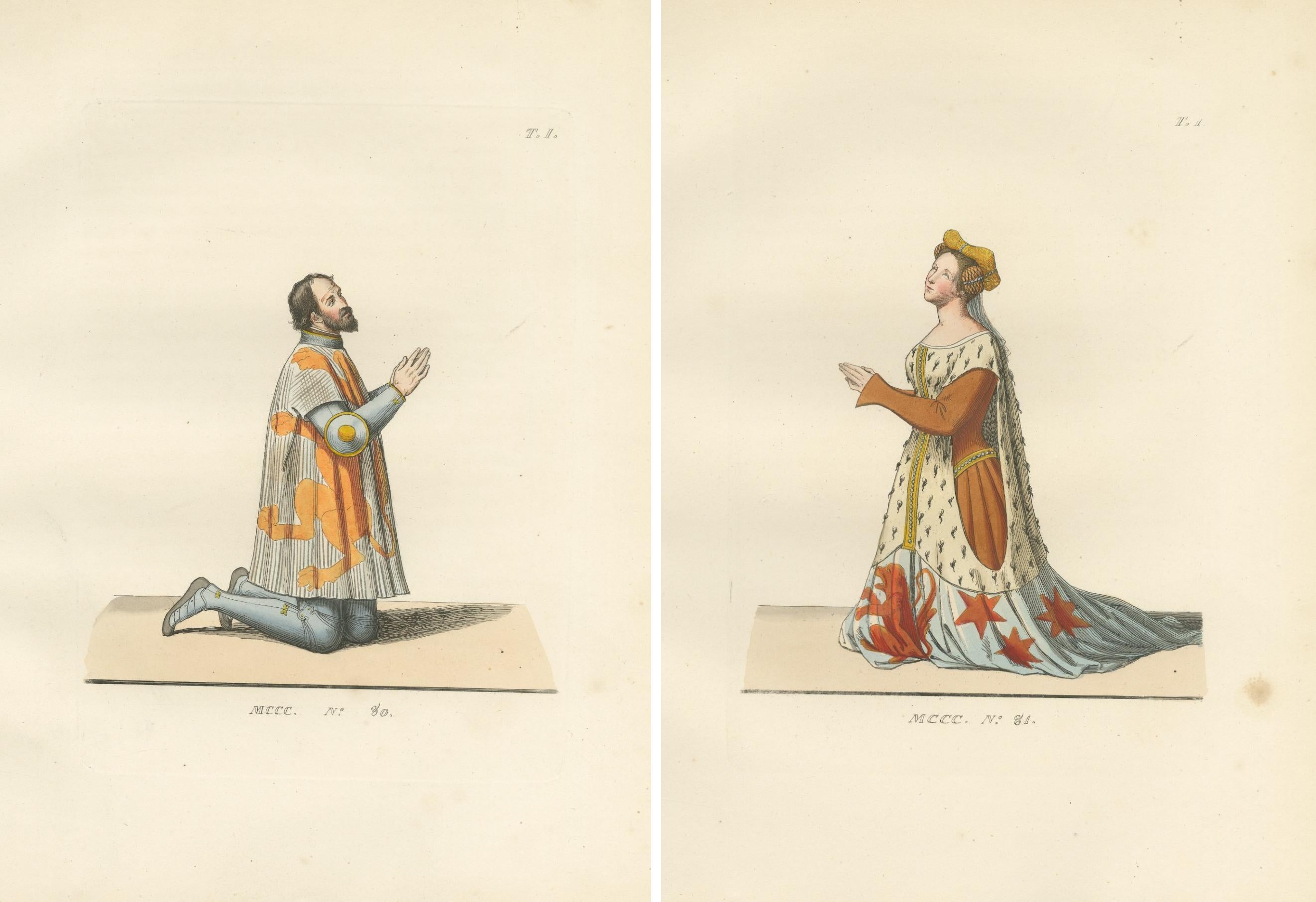 Heraldic Costumes c.1400 – Antique 1845 Prints of Knight and Lady, Hand-Coloured For Sale 2