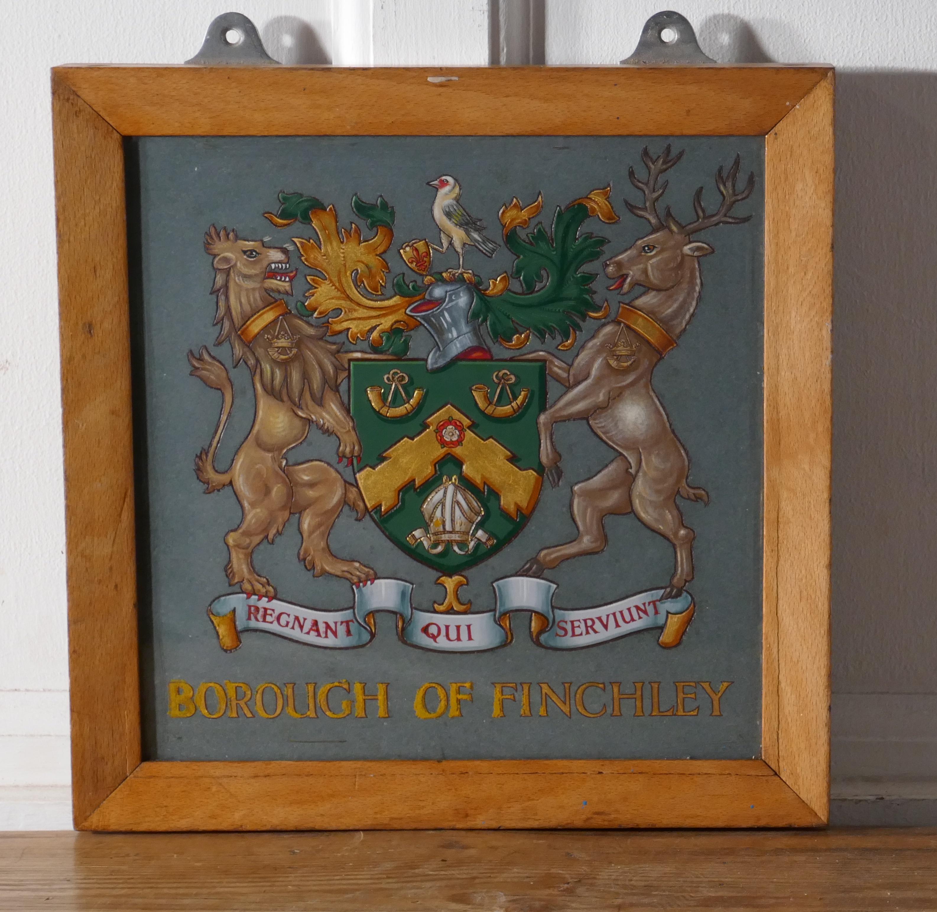 Arts and Crafts Heraldic Crest Framed & Painted on Slate from Borough of Finchley, Coat of Arms For Sale
