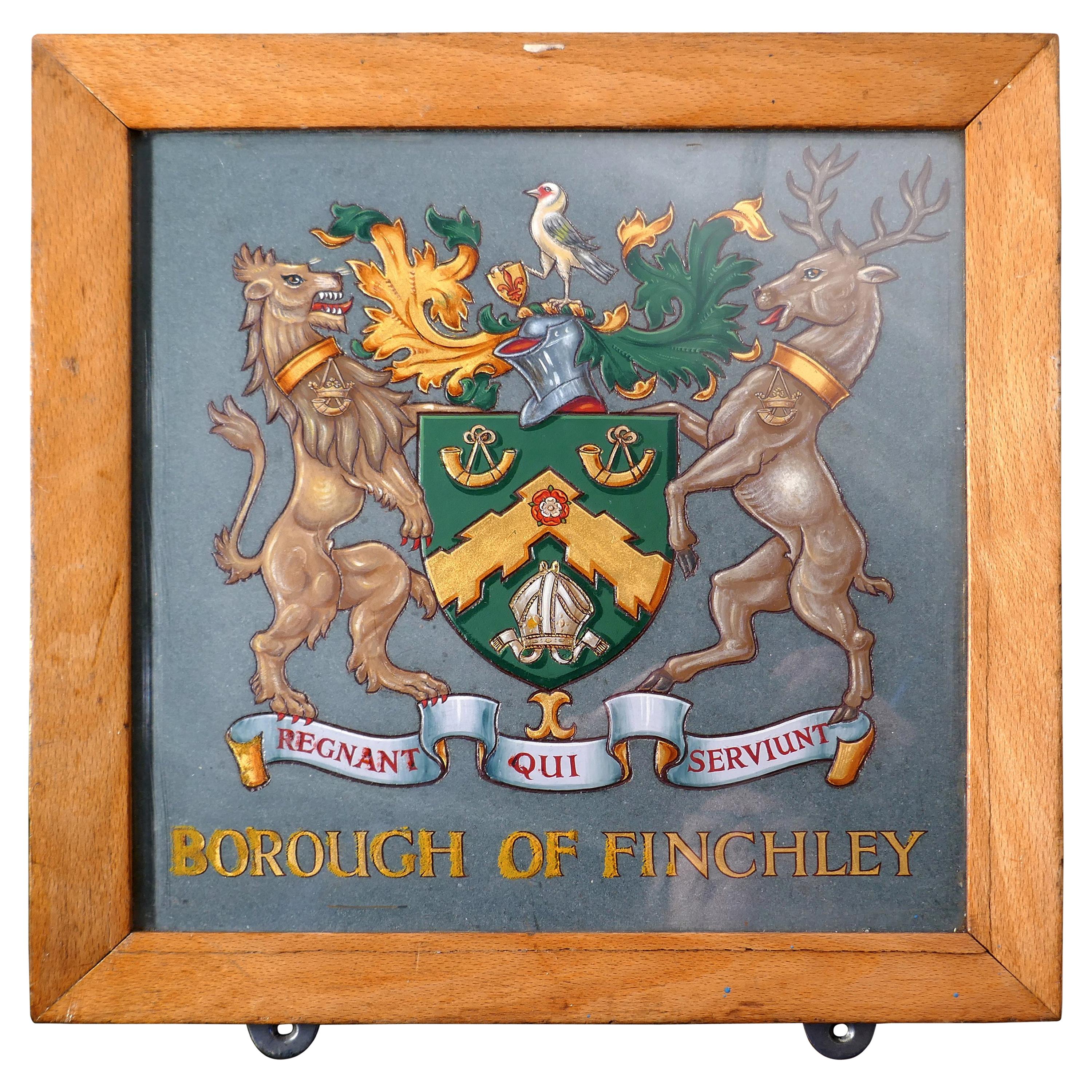 Heraldic Crest Framed & Painted on Slate from Borough of Finchley, Coat of Arms