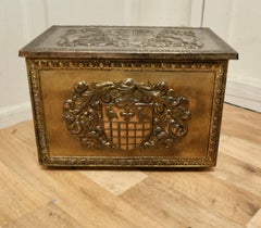 Heraldic Embossed Brass Log Box, with Coats of Arms