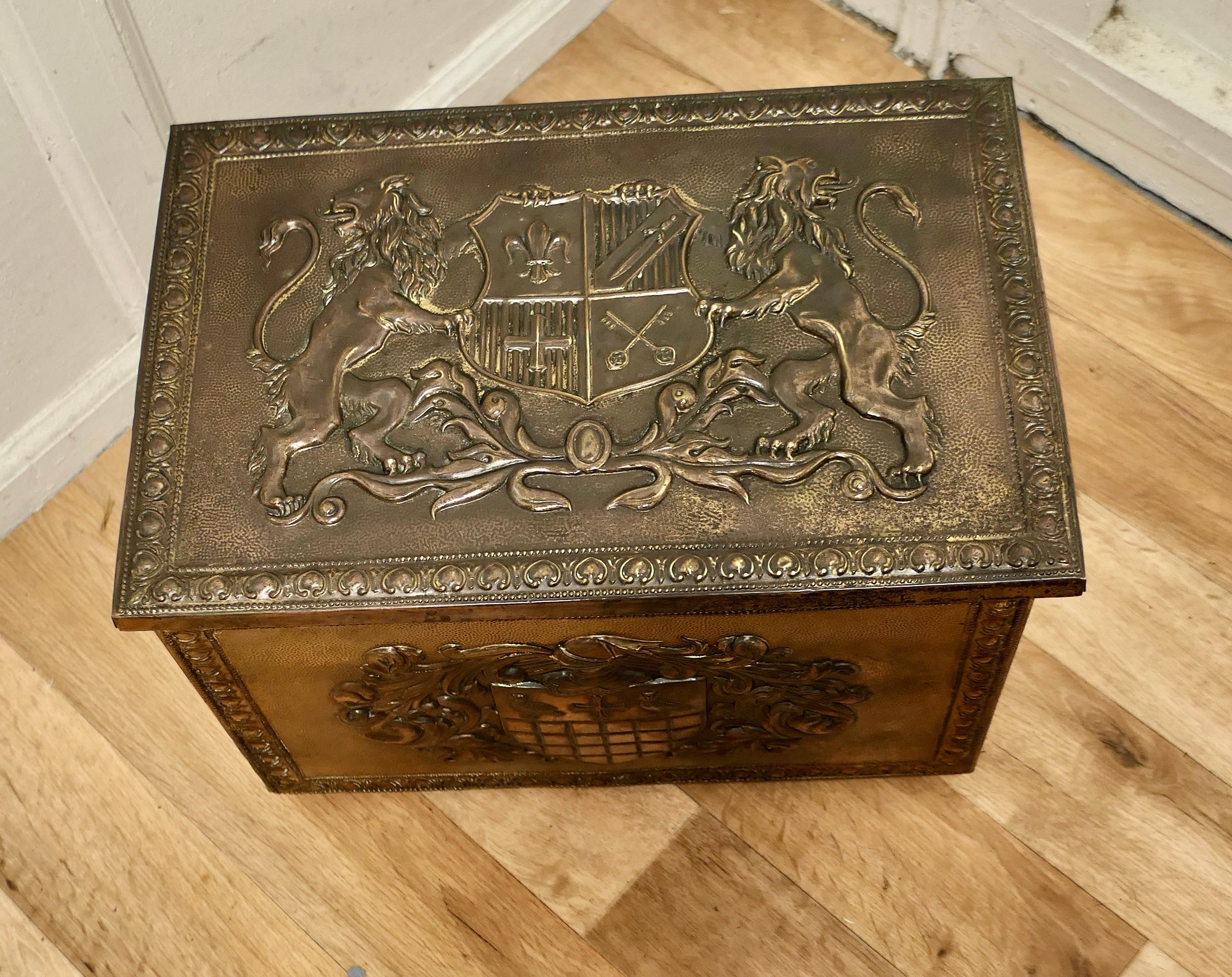 Arts and Crafts Heraldic Embossed Brass Log Box, with Coats of Arms