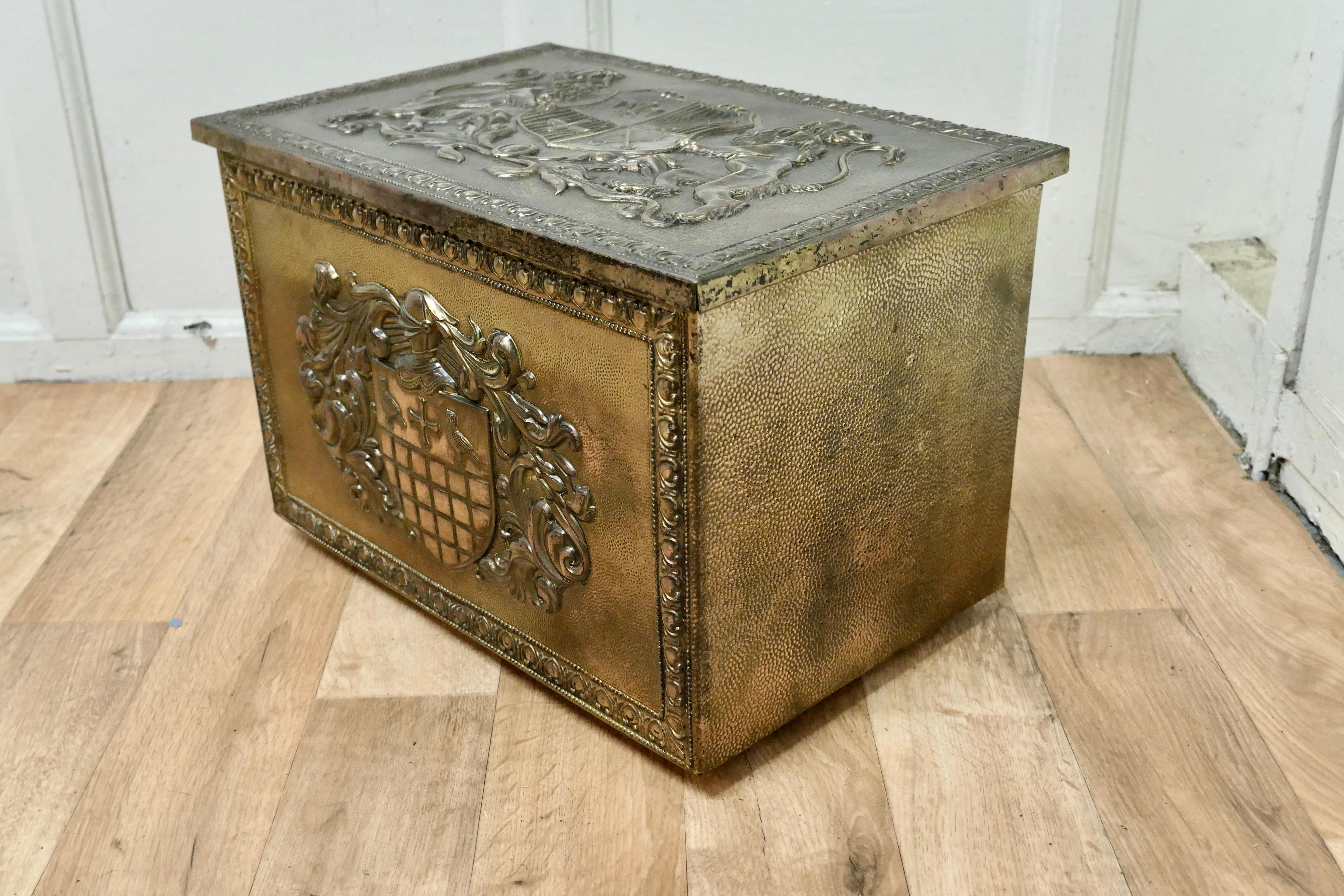 20th Century Heraldic Embossed Brass Log Box, with Coats of Arms