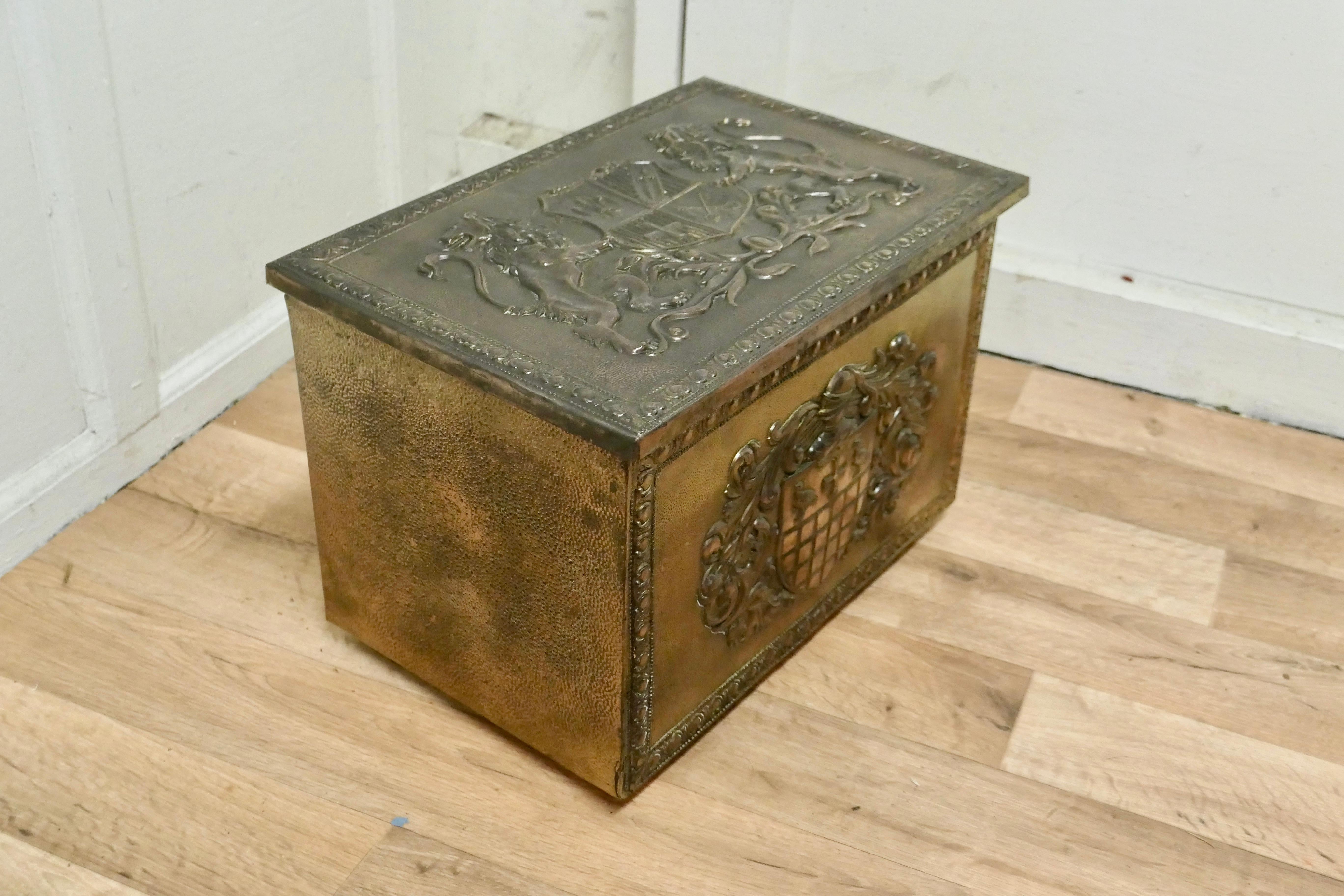 Heraldic Embossed Brass Log Box, with Coats of Arms 1