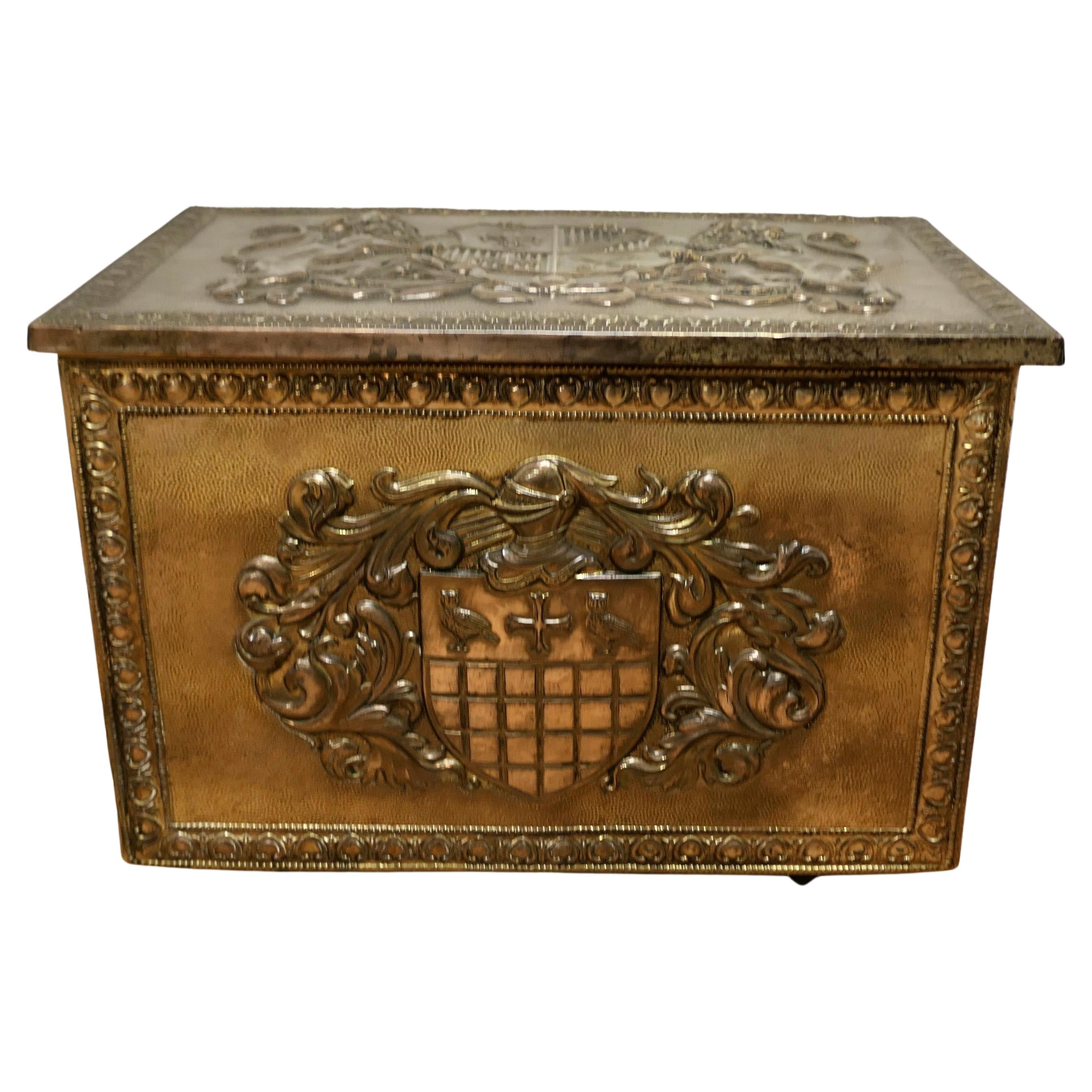 Heraldic Embossed Brass Log Box, with Coats of Arms