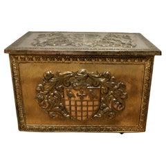 Antique Heraldic Embossed Brass Log Box, with Coats of Arms