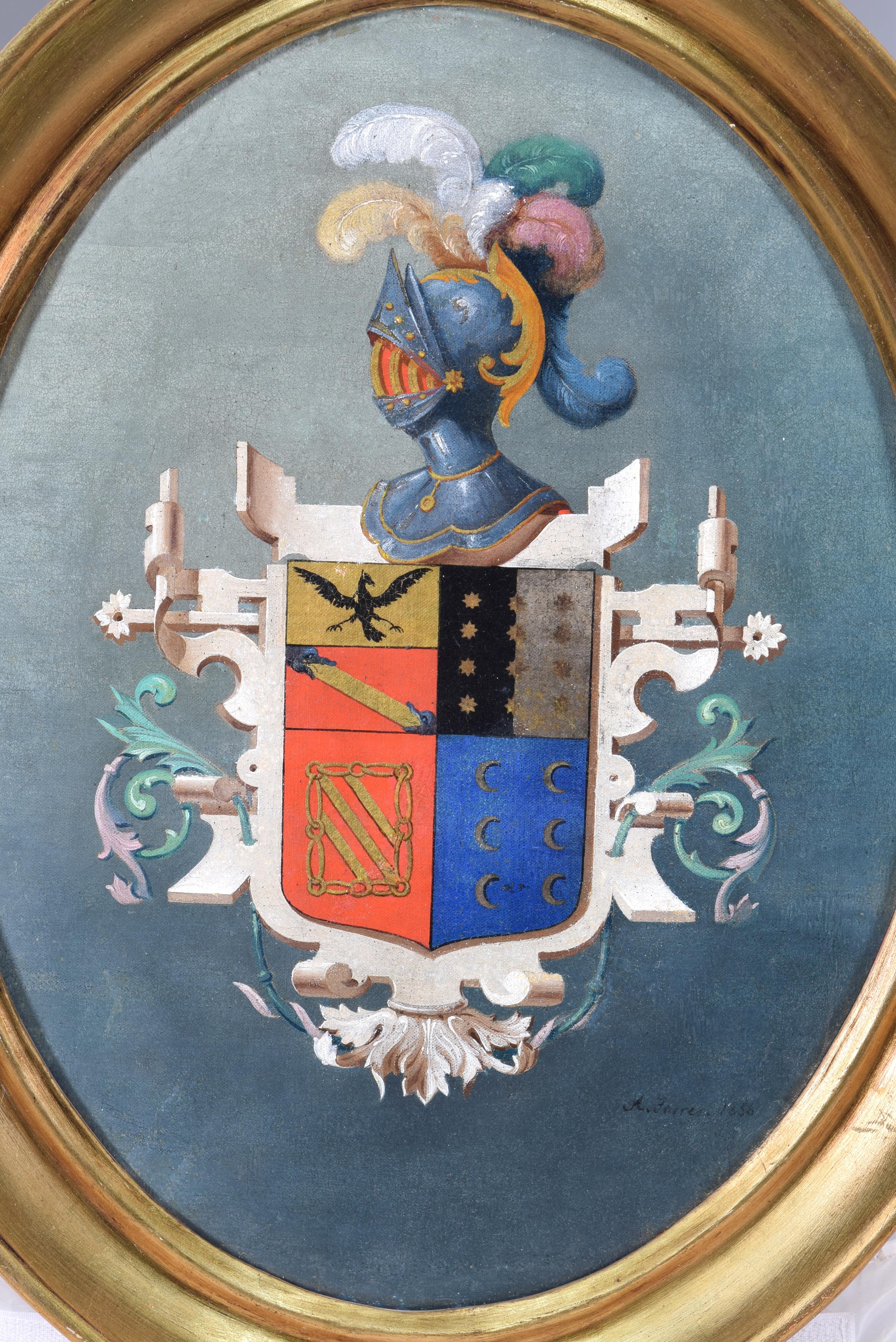 Heraldic shield. Oil on canvas. TORRES, A. Spanish school, 1856. 
Signed and dated. 
This work shows a heraldic shield on a blue background with different tones, in an oval and framed support. The central (and only) element of the composition