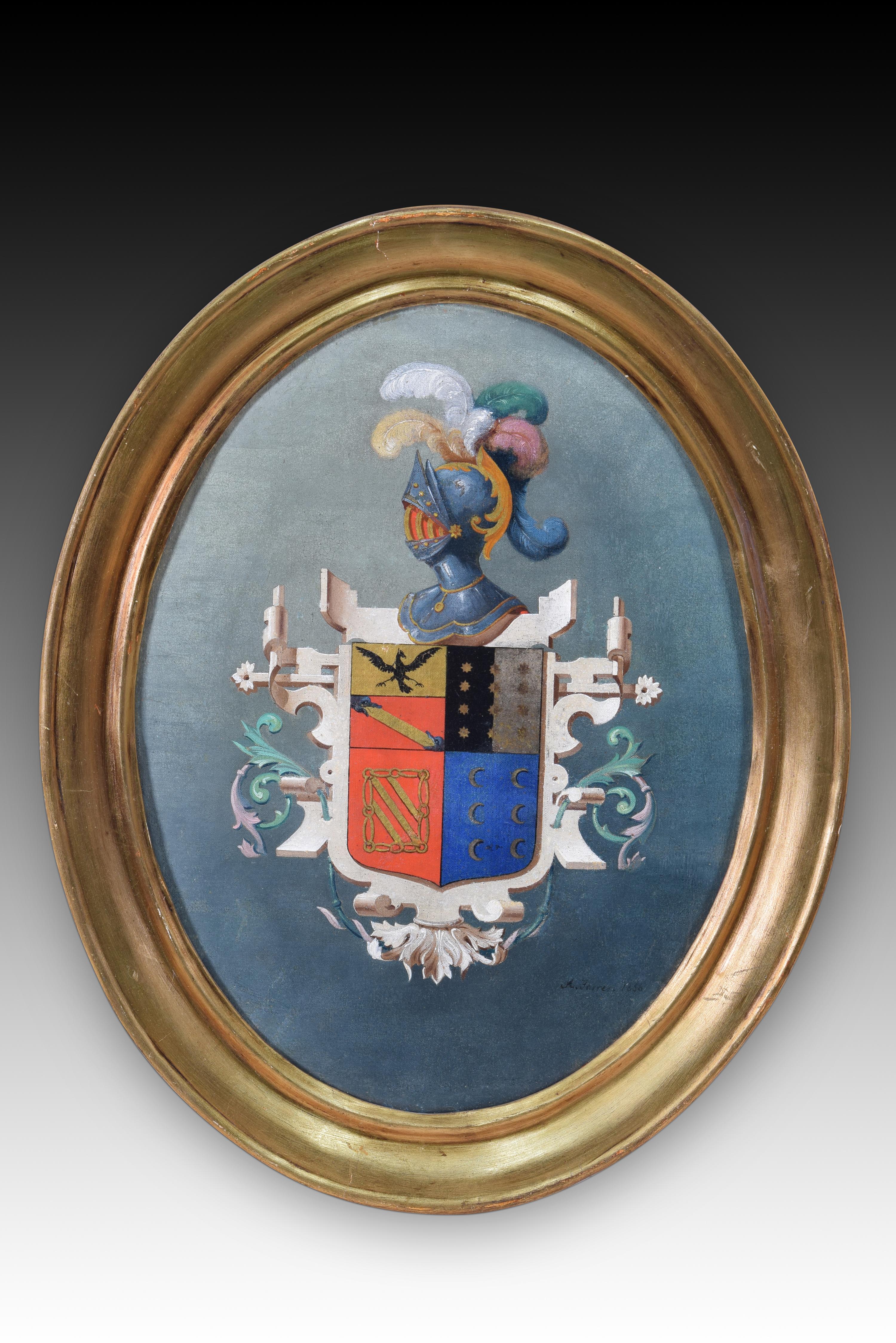 Heraldic Shield, Oil on Canvas, Torres, a. Spanish School, 1856 For Sale