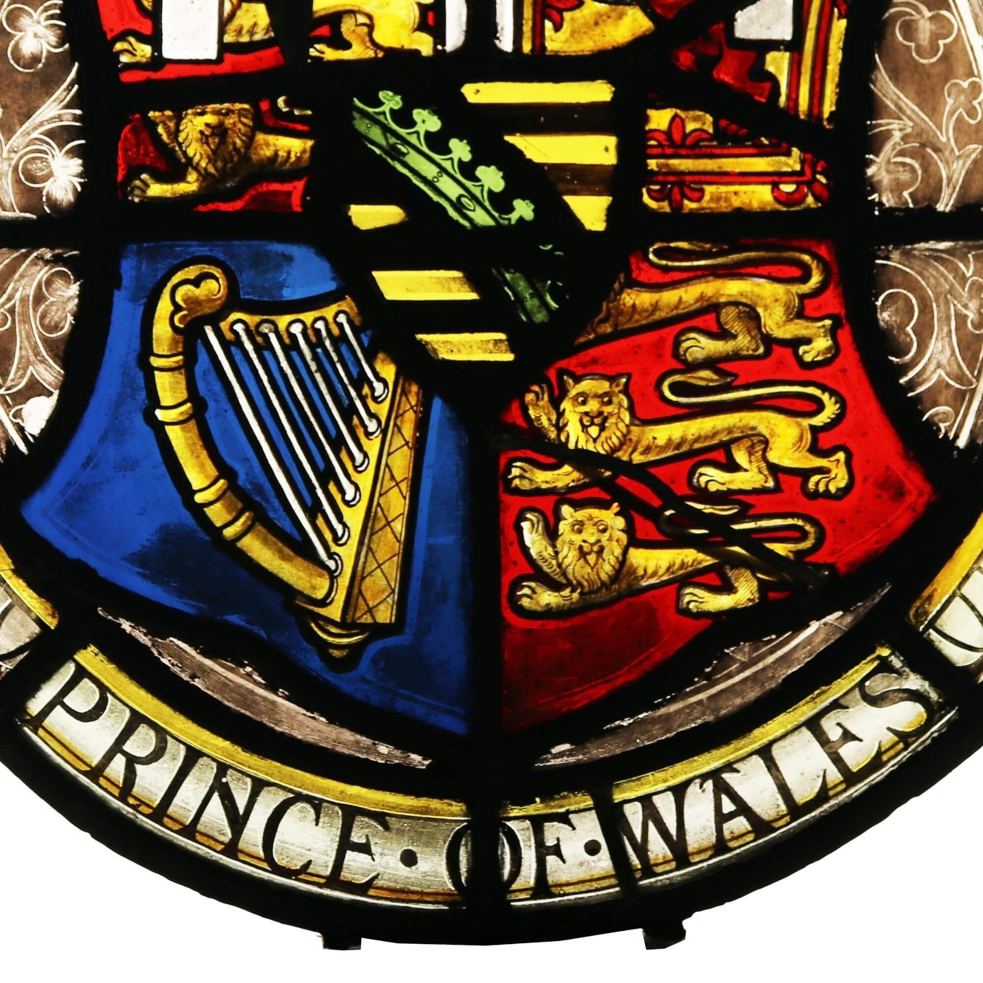 A late 19th century English heraldic stained glass roundel depicting the Coat of Arms of Albert Edward, Prince of Wales (crowned King Edward VII in 1901).

Prior to his coronation as King, HRH was Prince of Wales from 1841-1901. This small leaded