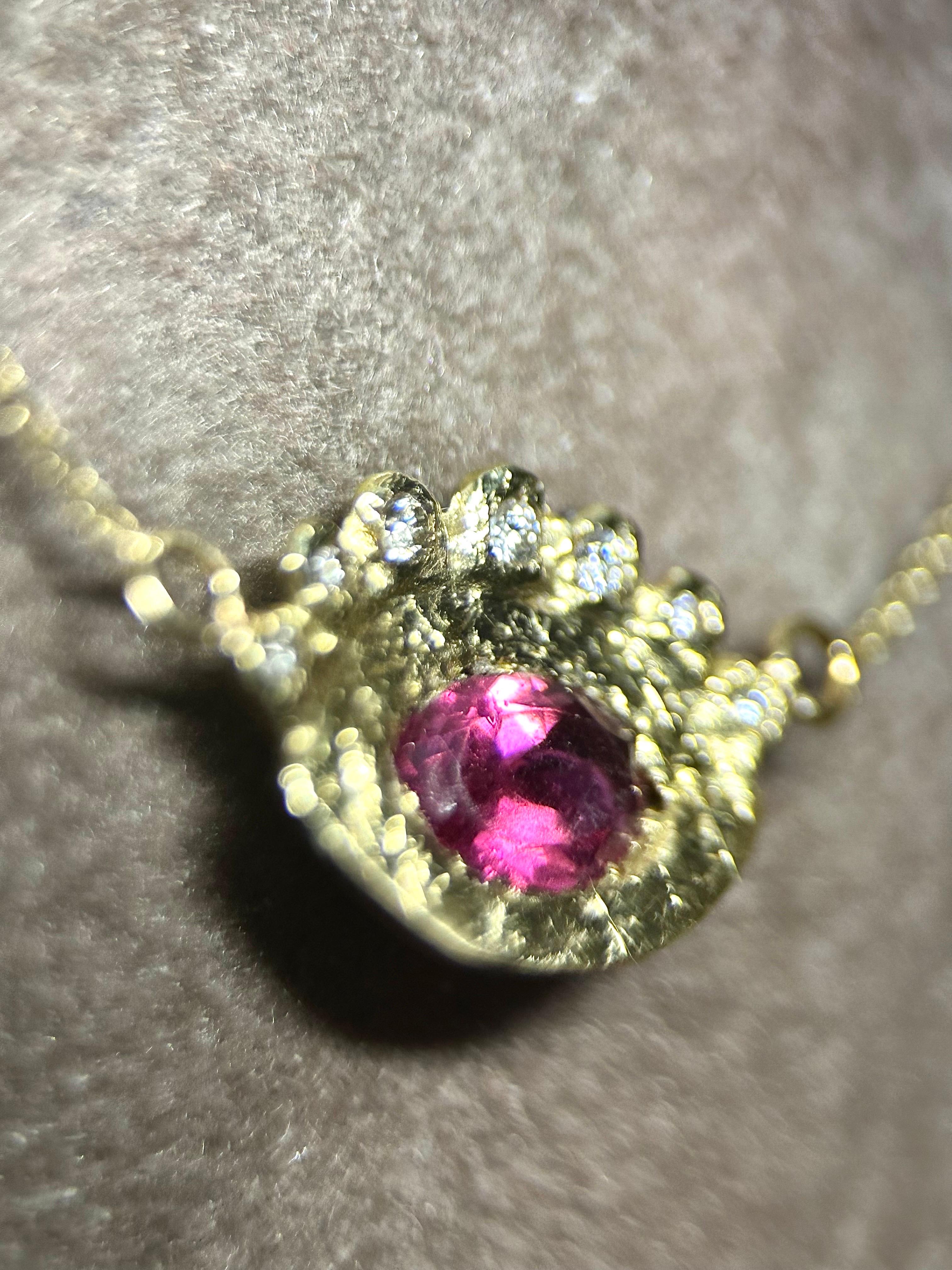 Oval Cut Hera’s Eye Rubellite Tourmaline with Diamonds Necklace in Gold in stock For Sale