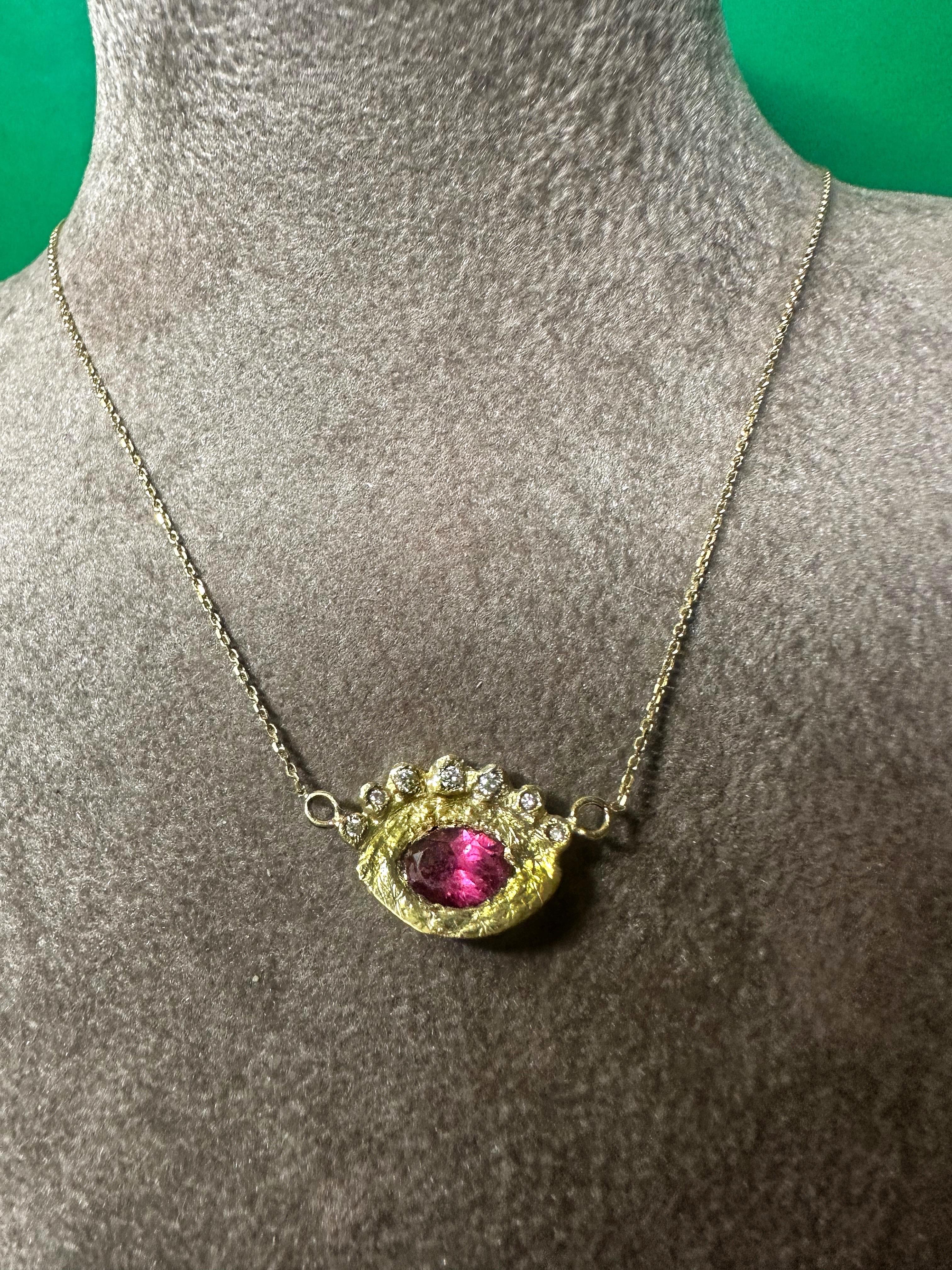 Hera’s Eye Rubellite Tourmaline with Diamonds Necklace in Gold in stock For Sale 1