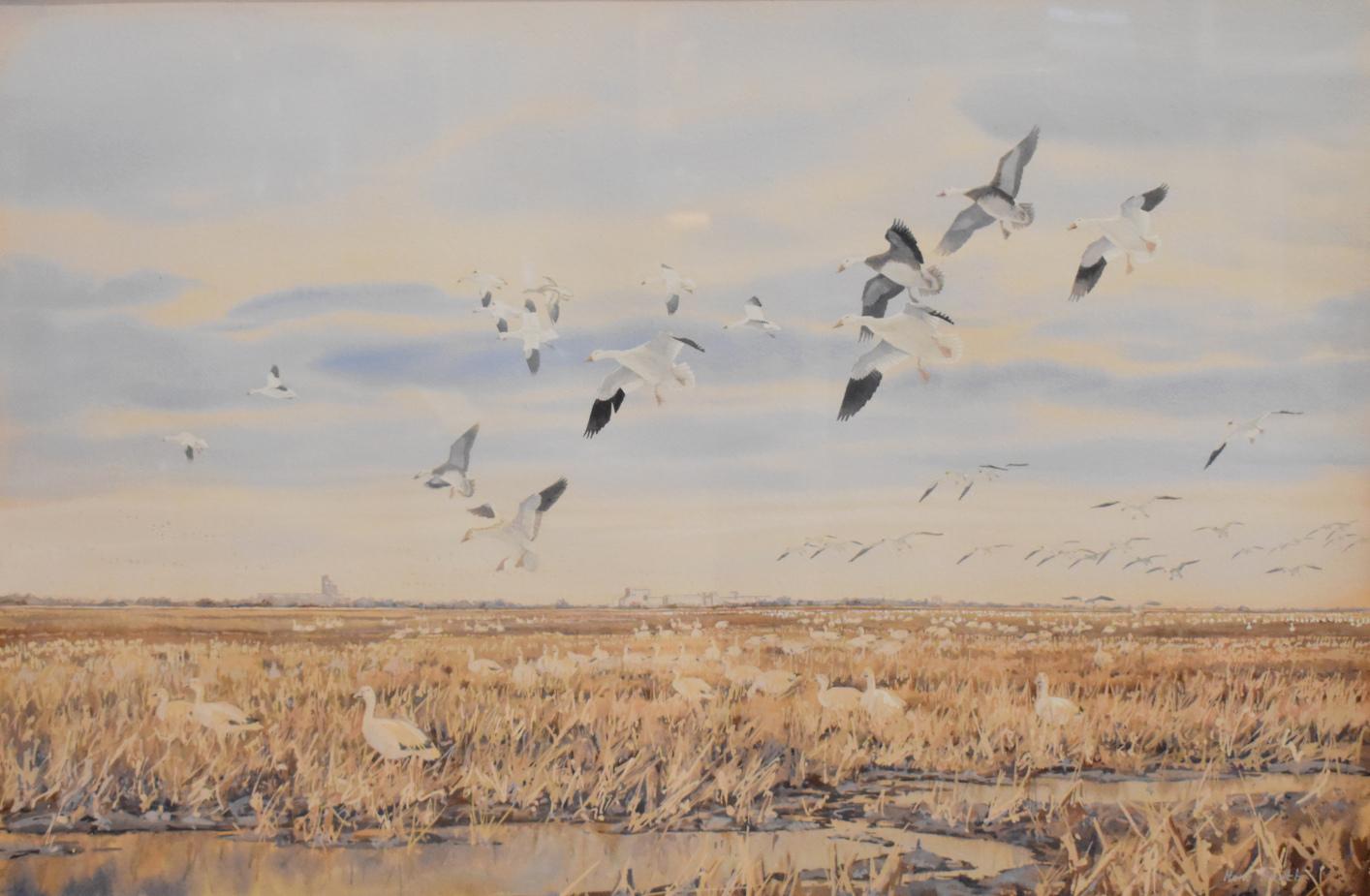 Herb Booth Landscape Painting - TEXAS WATERFOWL ARTIST HERB BOOTH HOUSTON GEESE. WATERFOWL. DUCKS 39 X 51 FRAMED