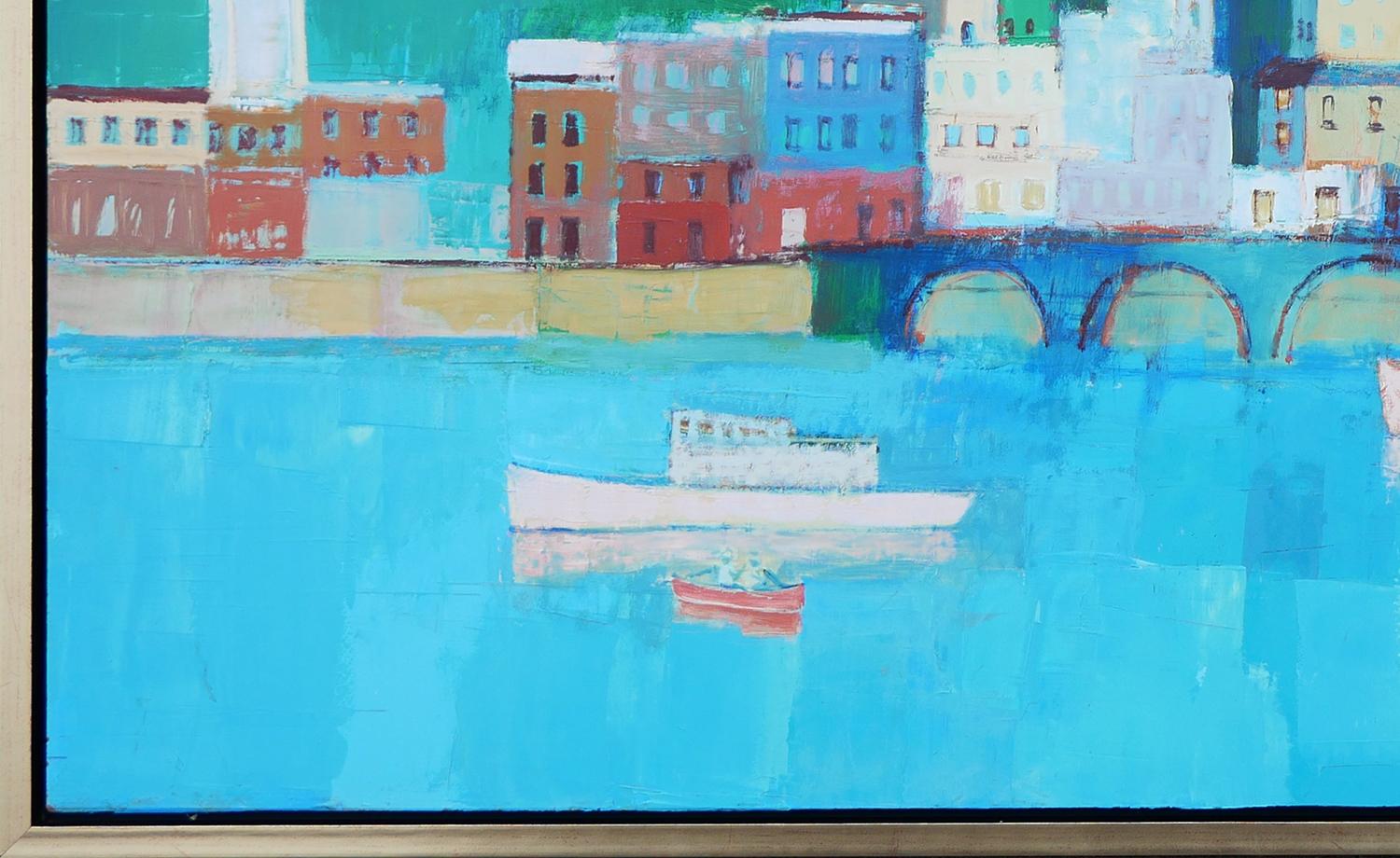 Blue-toned geometric abstract landscape by Herb Mears. This painting depicts a town along a port with a prominent architectural bridge. Unsigned. Framed in a light gold floating frame.

Dimensions Without Frame: H 24 in. x W 48 in.

Artist