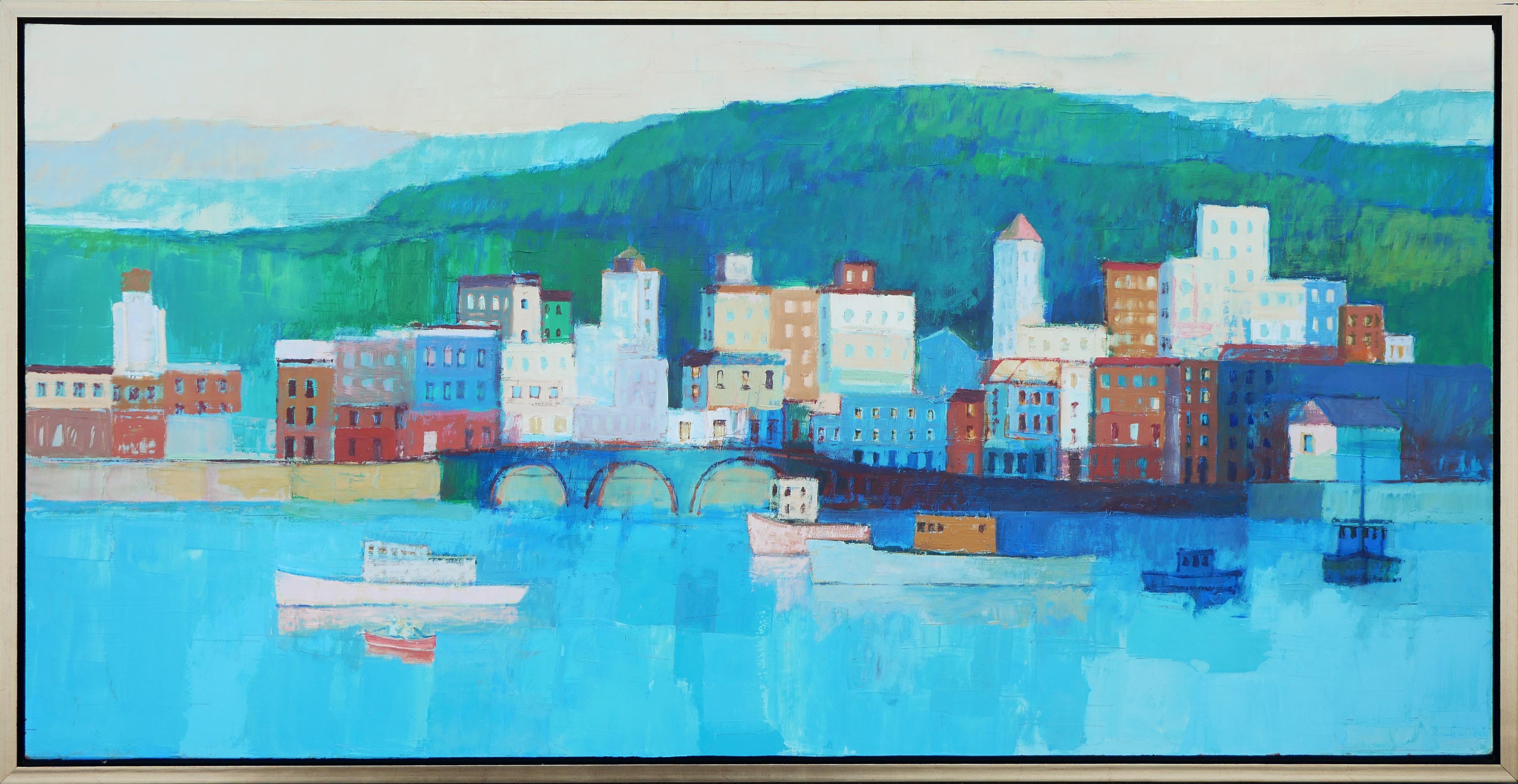 Herb Mears Landscape Painting - "Bay Bridge" Blue-Toned Cityscape Geometric Abstract Landscape