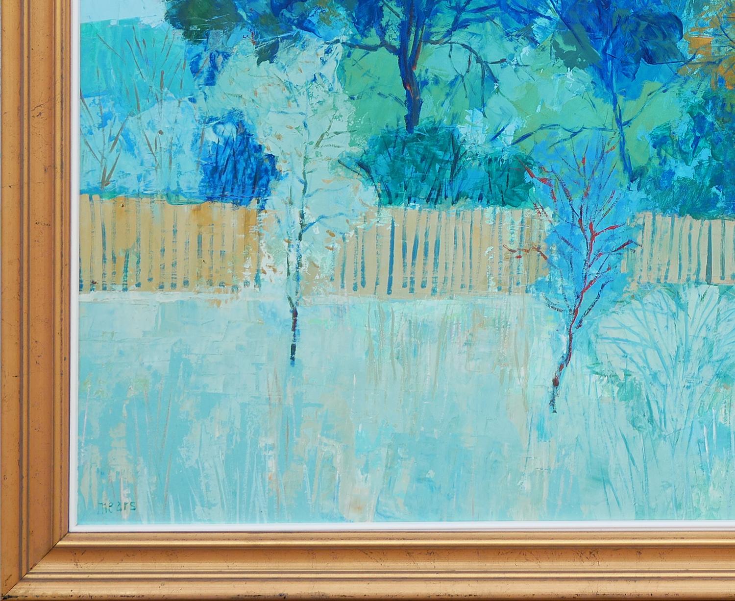 Blue-toned abstract impressionist painting by Houston, TX artist Herb Mears. This painting features a forest landscape with yellow fencing. Signed by the artist on the lower left corner. Framed in a brown natural frame.

Dimensions Without Frame: H