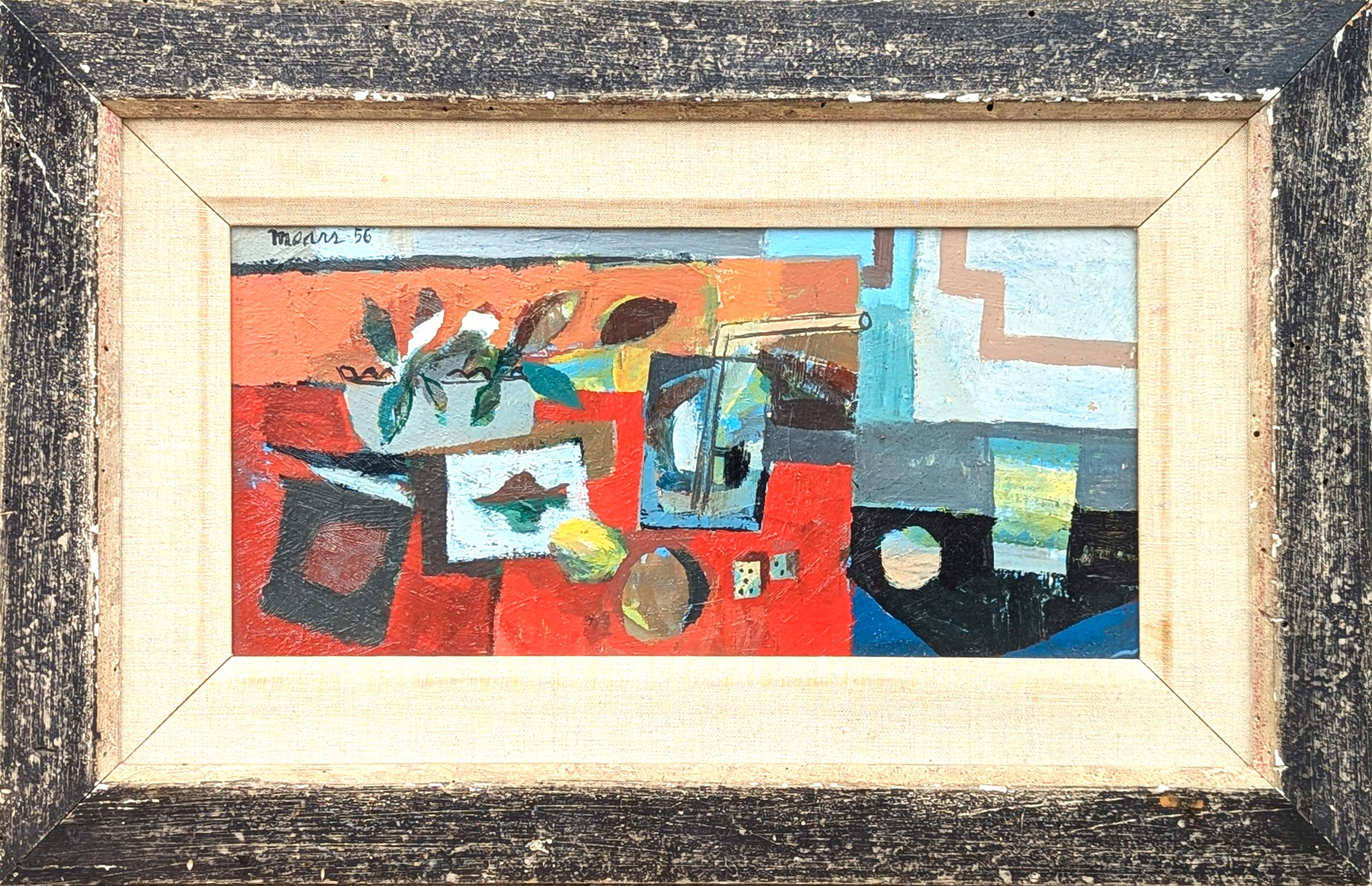 Herb Mears Interior Painting - Early Modern Red, Blue, and Orange Abstract Cubist Still Life Painting with Dice