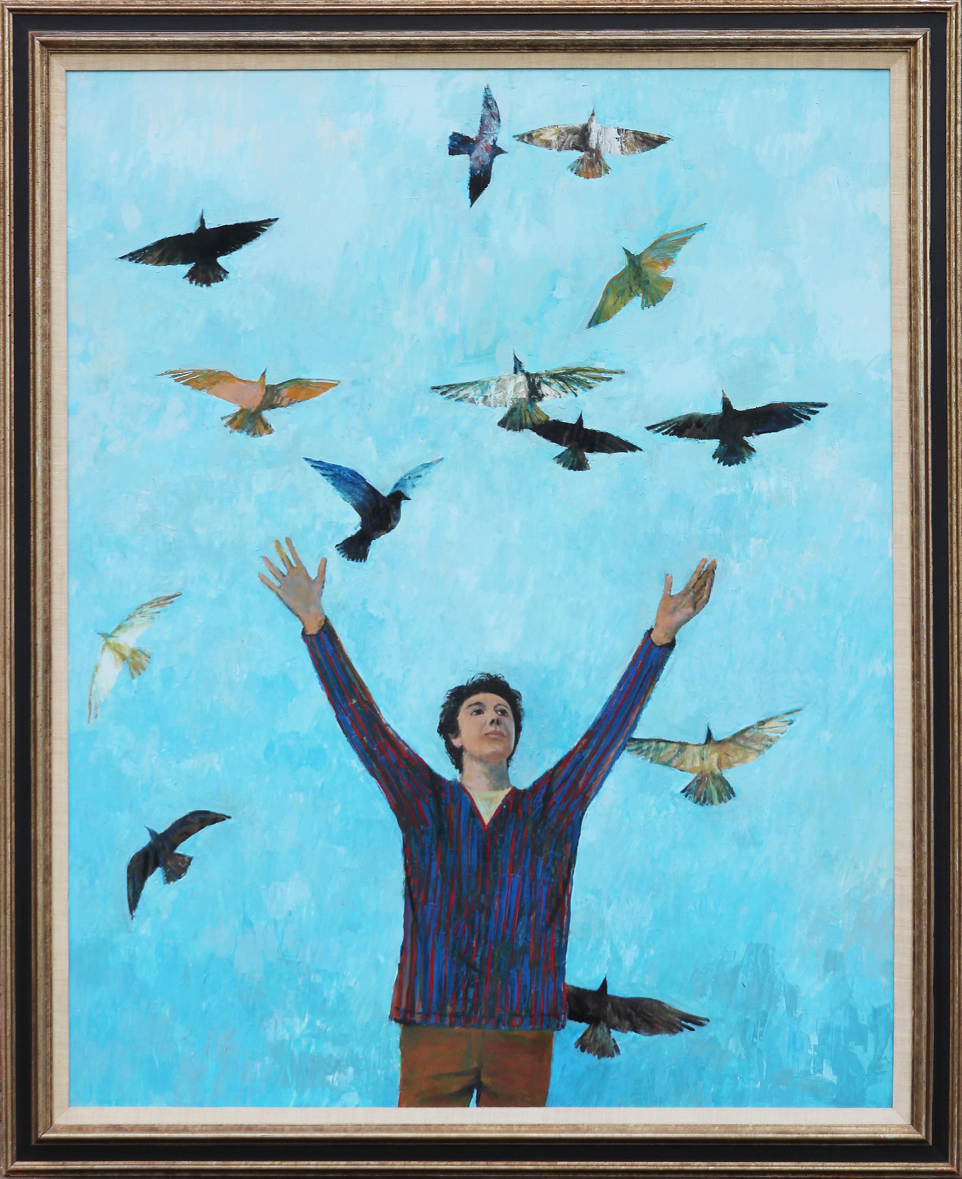 Herb Mears Abstract Painting - "Flight" Blue Abstract Figurative Painting of a Man with Flying Doves