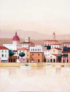 "Harbor Scene with Village" Brown and Pink Toned Venice Cityscape Painting