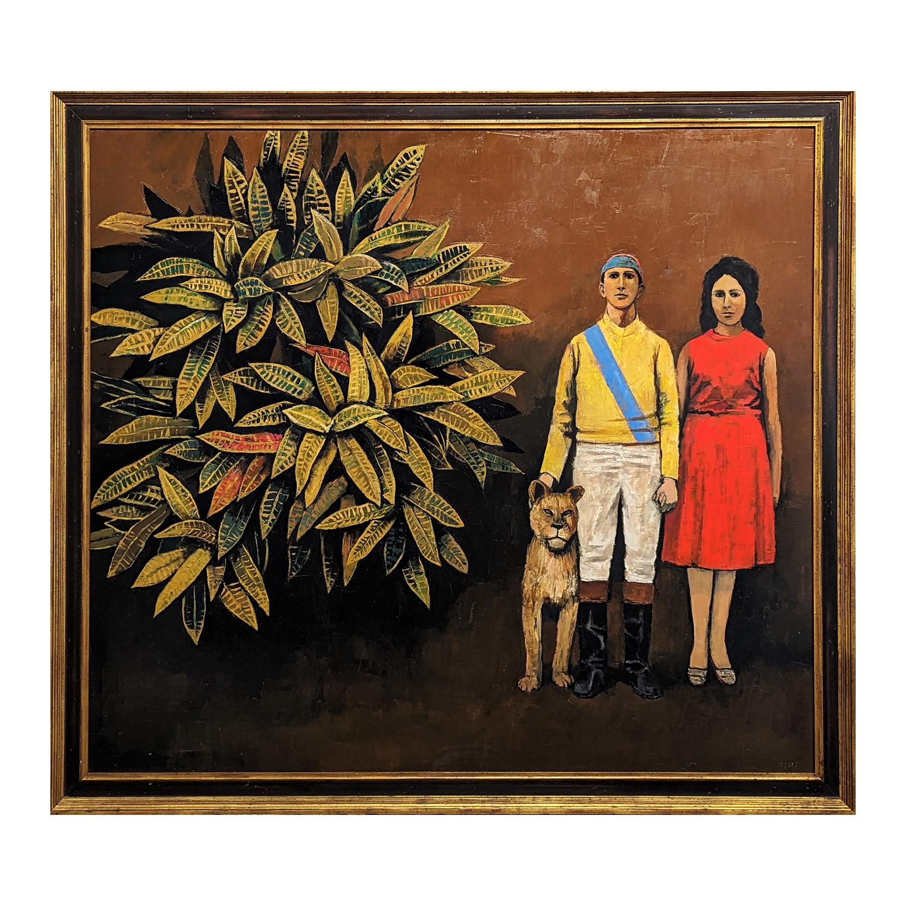 Modern naturalistic portrait painting by well-known Houston-based artist Herb Mears. The work  features a detailed rendering of a jockey wearing a yellow and blue outfit standing next to his wife and a young lion. Signed by the artist in the front