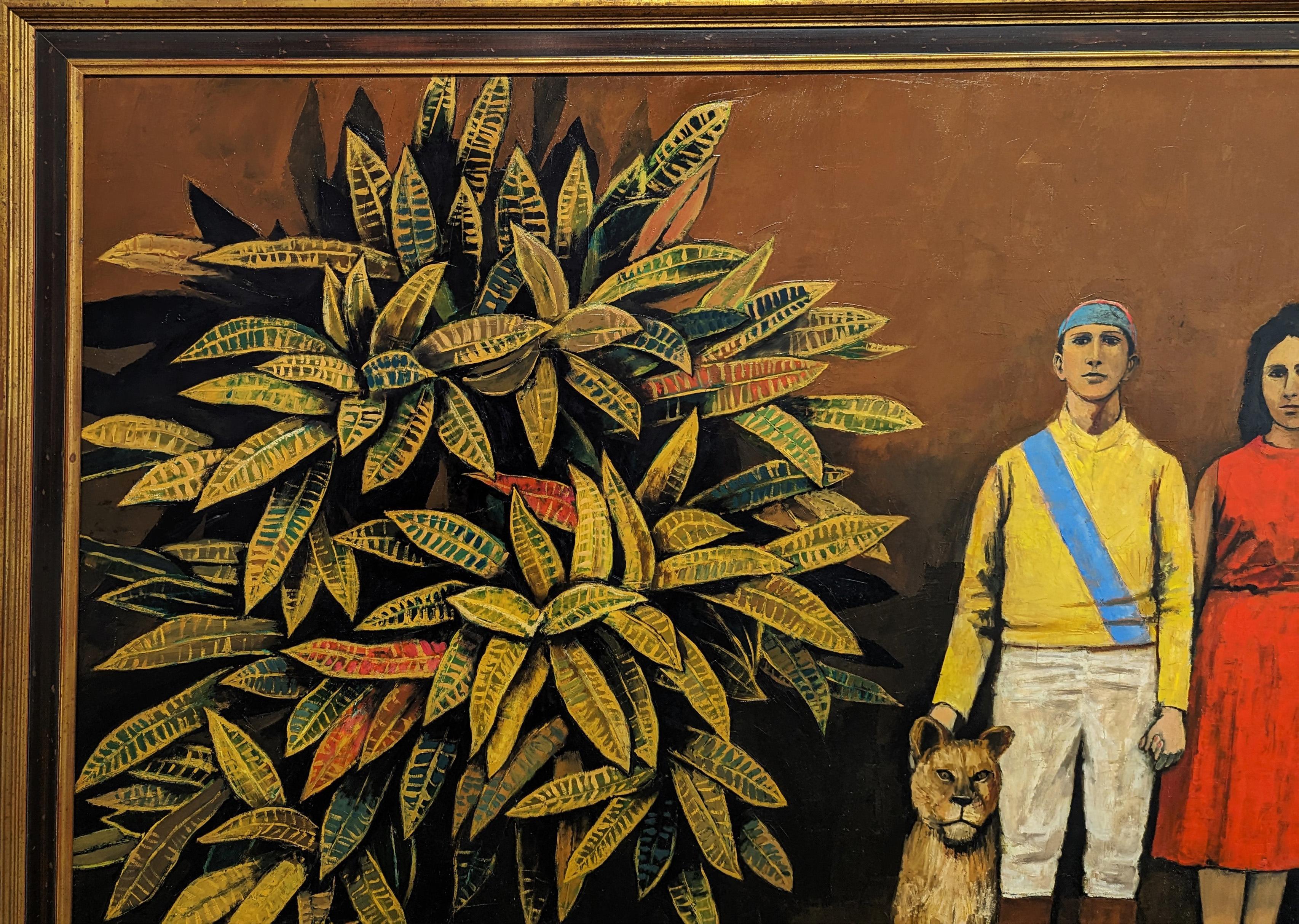 Modern naturalistic portrait painting by well-known Houston-based artist Herb Mears. The work  features a detailed rendering of a jockey wearing a yellow and blue outfit standing next to his wife and a young lion. Signed by the artist in the front
