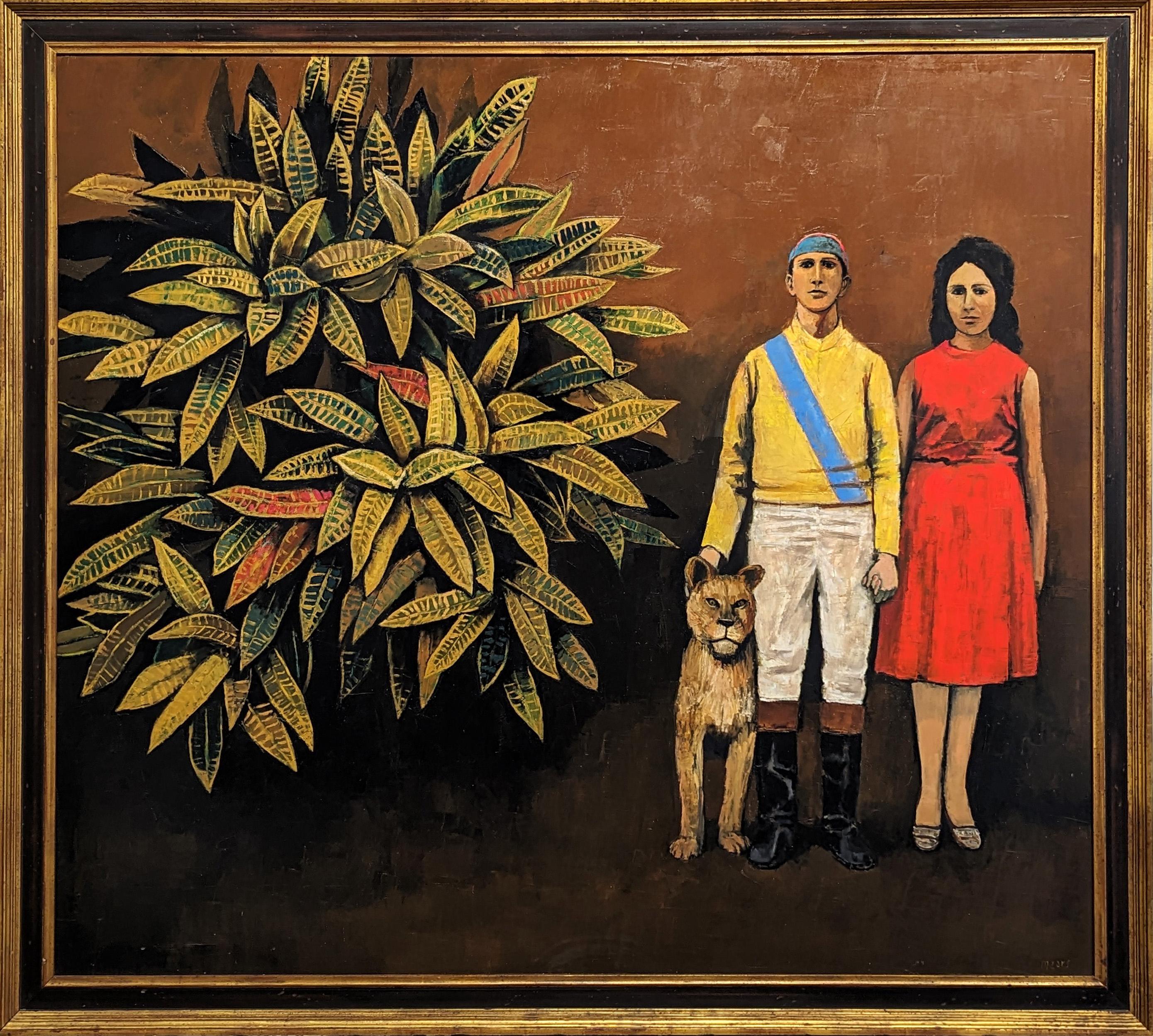 Peinture à l'huile - Portrait figuratif naturaliste moderne "Jockey, Wife, & Lion 