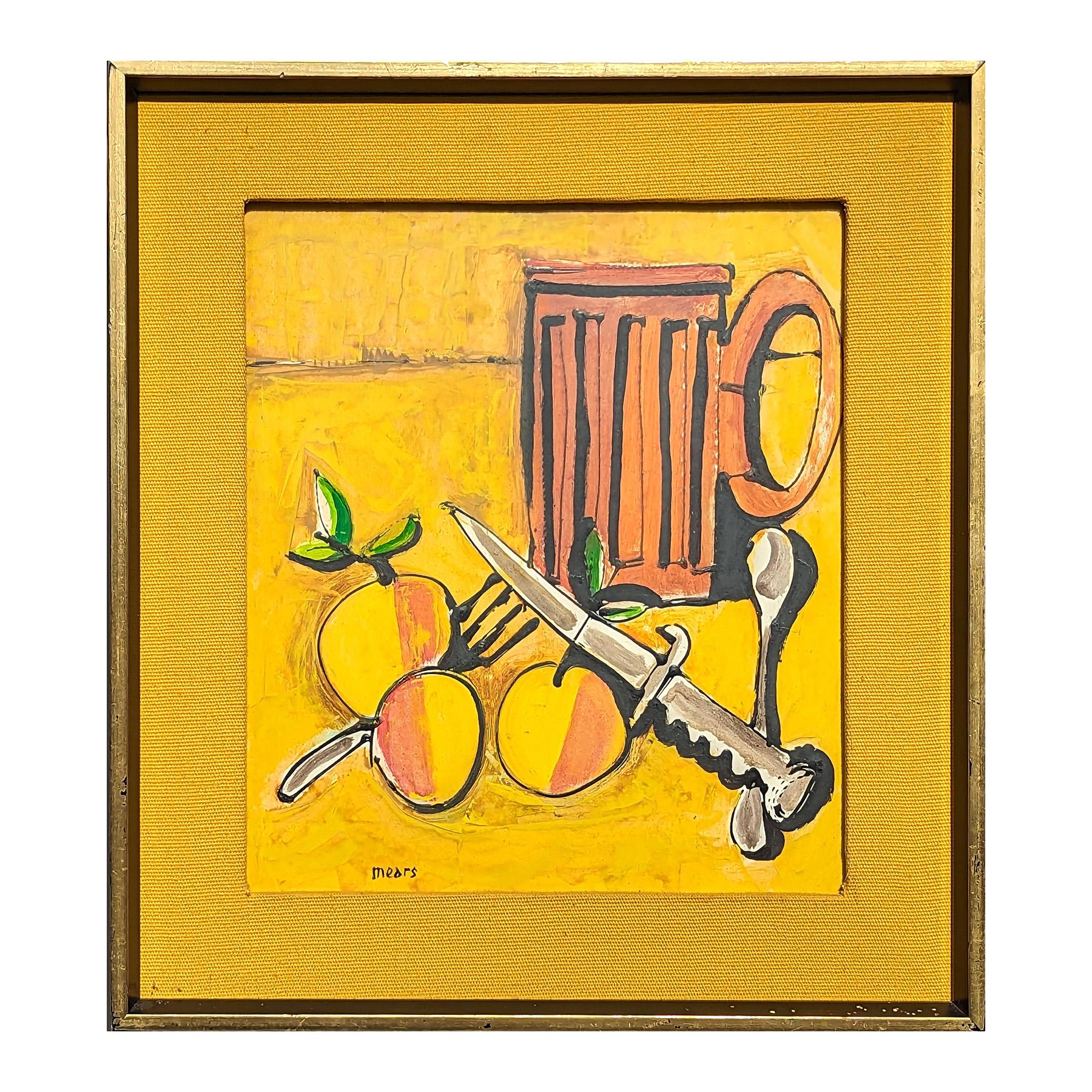 Modern abstract yellow toned still life painting by Texas artist Herb Mears. The work features a collection of fruit, a knife, and a mug set against a yellow background. Signed in the front lower left corner. Currently hung in a gold frame with