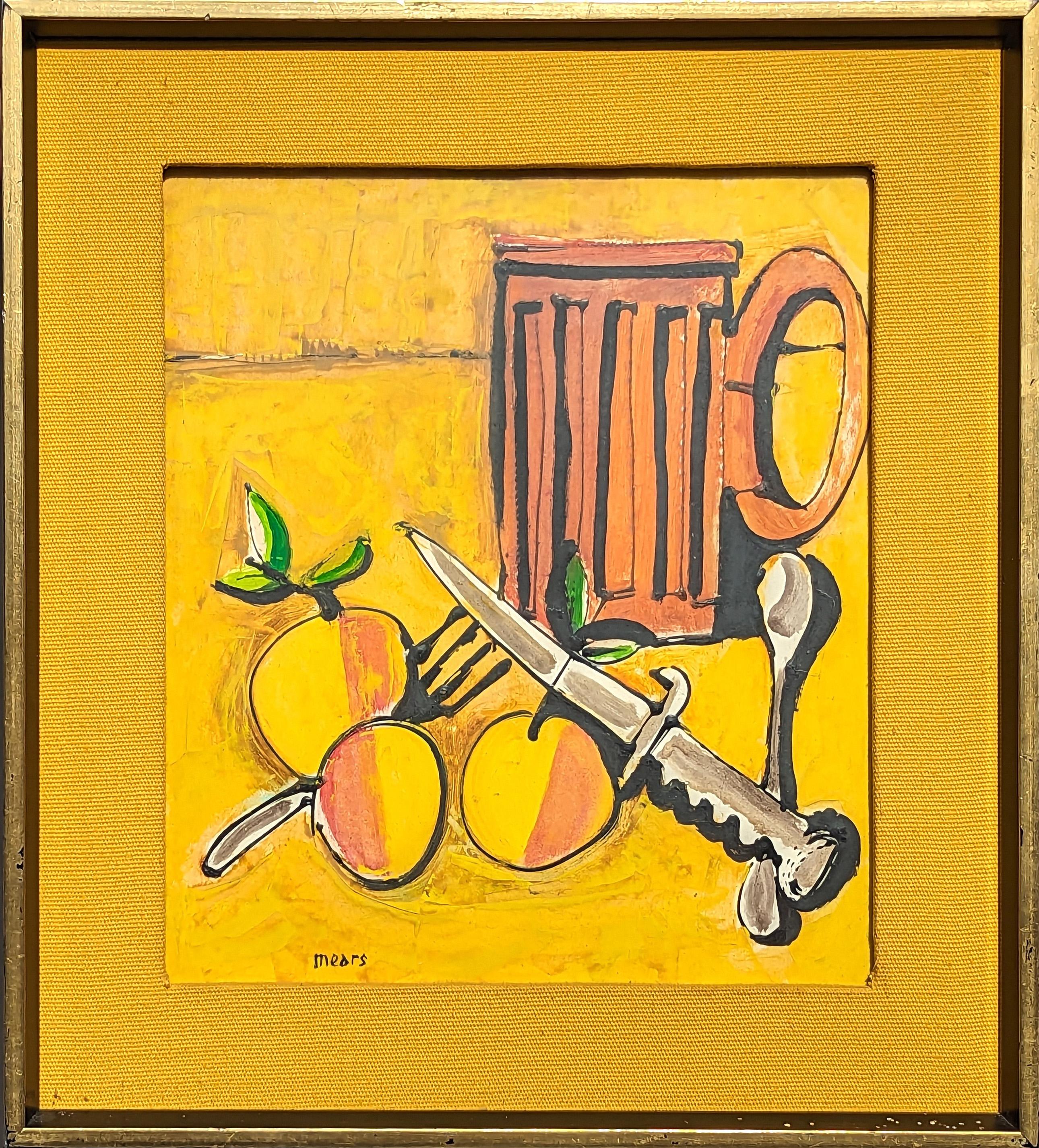 Herb Mears Still-Life Painting - "Knife, Fork, and Spoon" Modern Abstract Yellow Toned Still Life Painting
