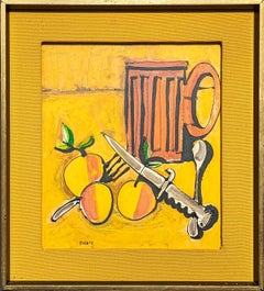 Vintage "Knife, Fork, and Spoon" Modern Abstract Yellow Toned Still Life Painting