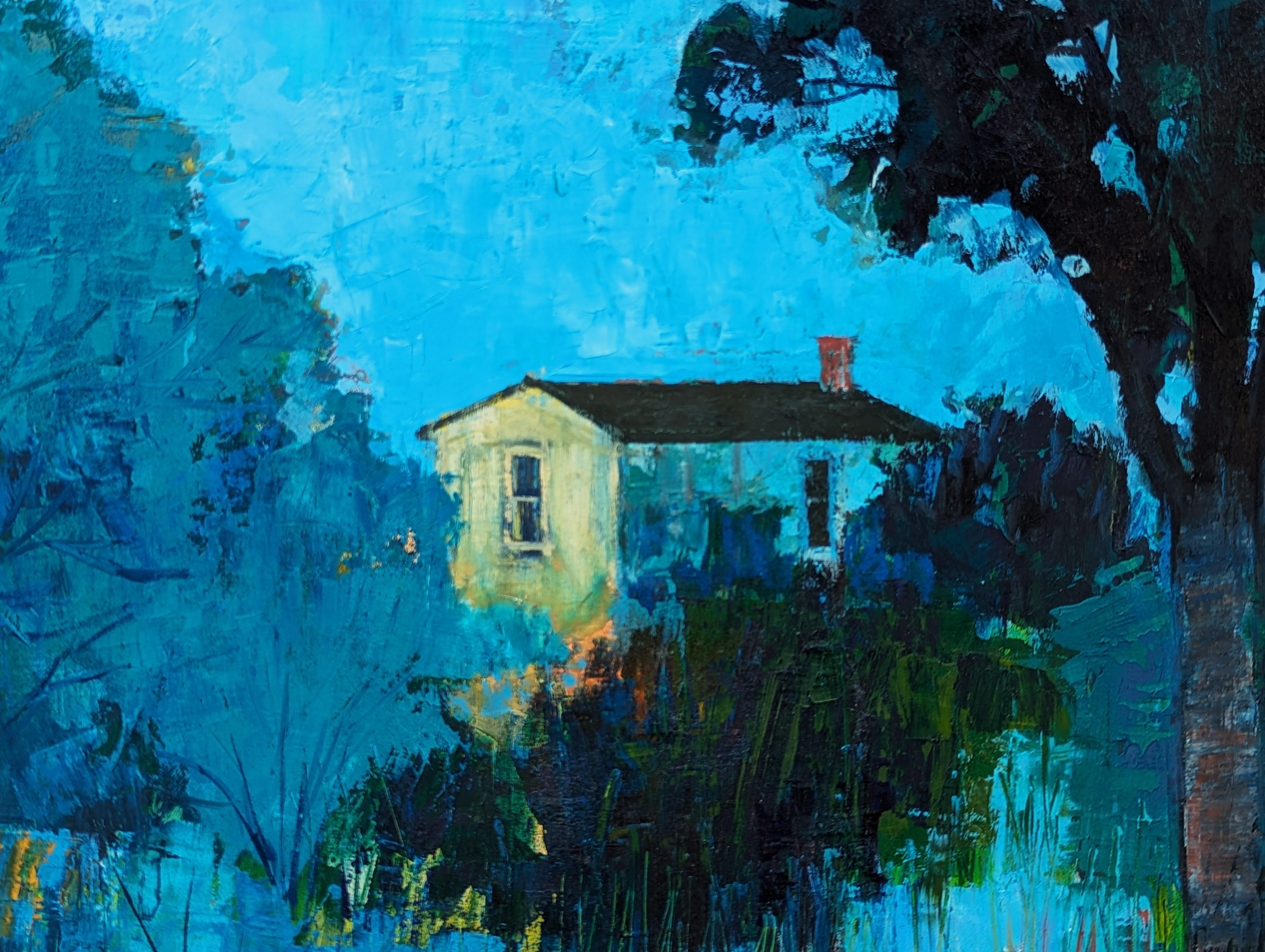Pittura astratta moderna di paesaggio boschivo con tonalità blu e verde con casa 6