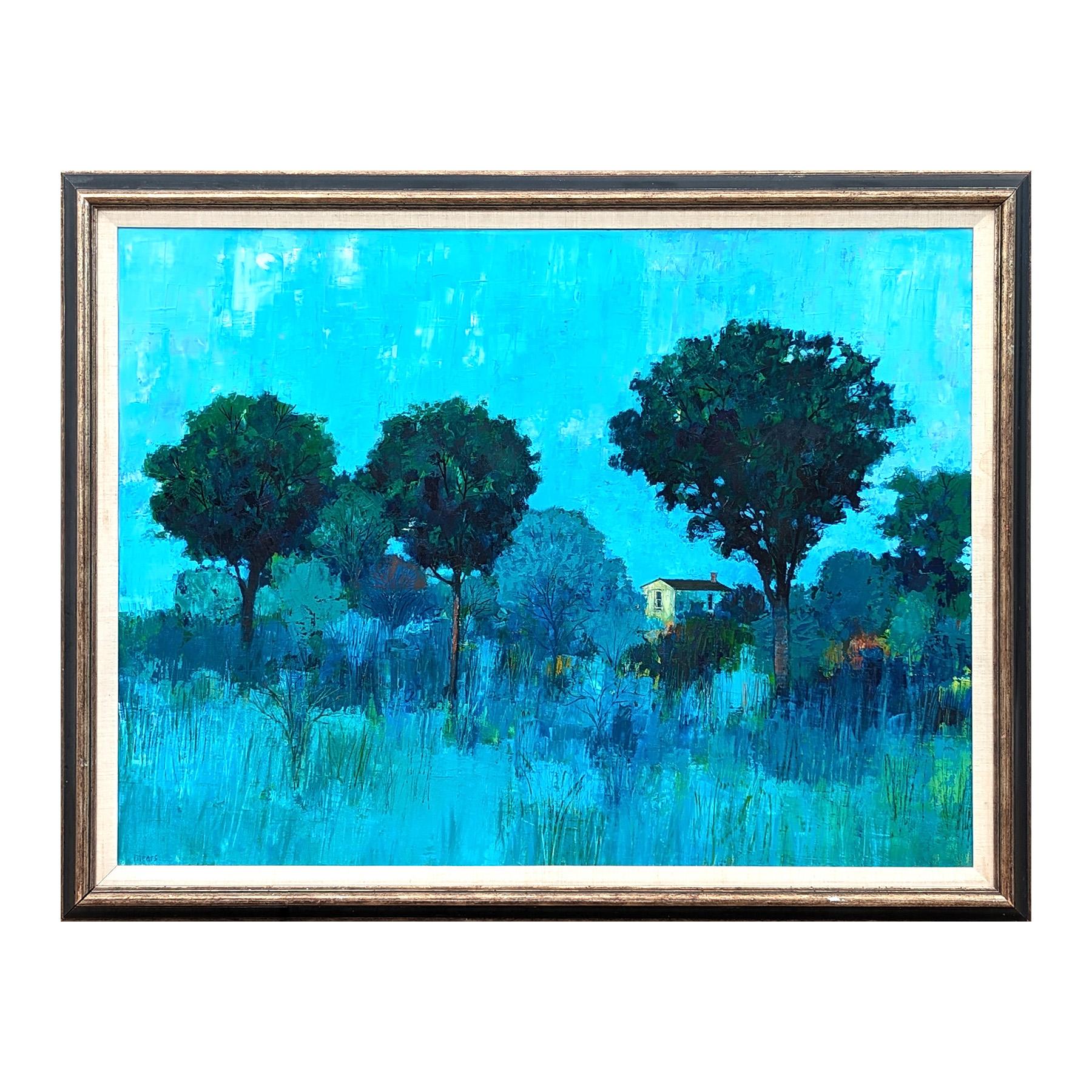 Pittura astratta moderna di paesaggio boschivo con tonalità blu e verde con casa - Painting di Herb Mears