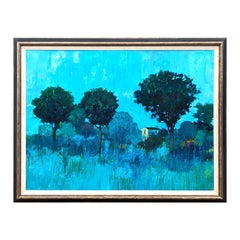 Modern Abstract Blue and Green Toned Forested Landscape Painting with House
