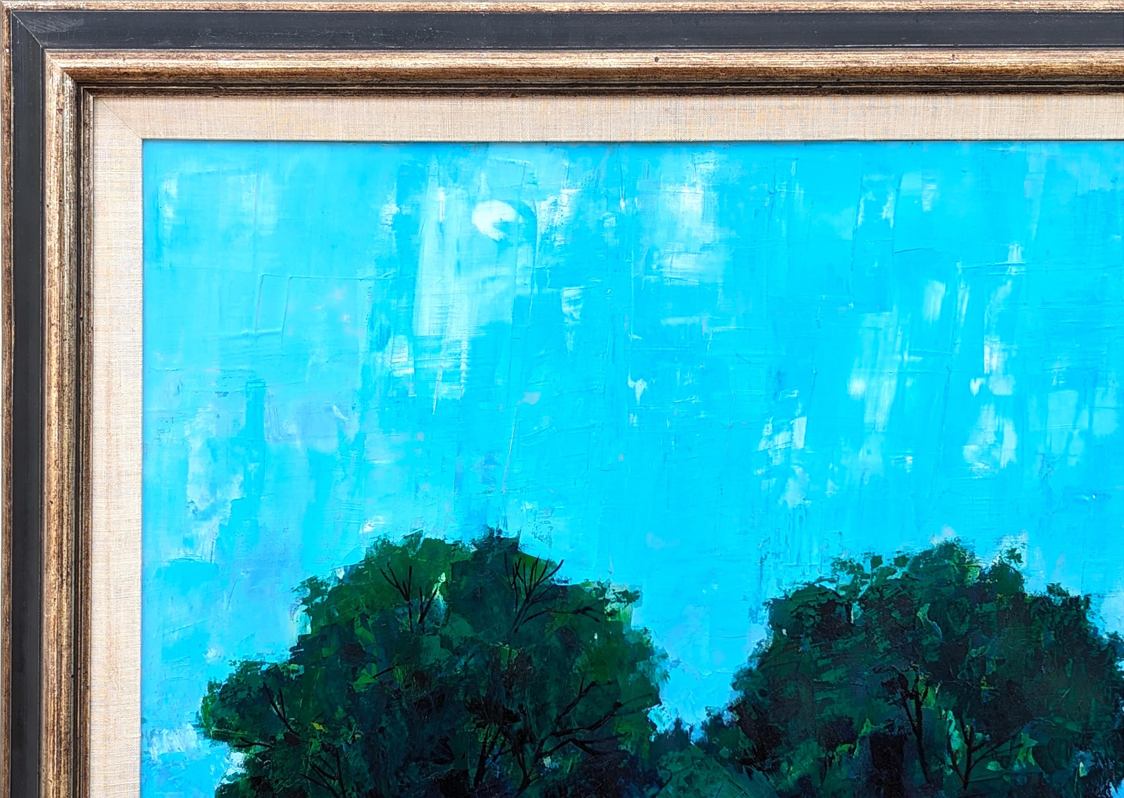 Pittura astratta moderna di paesaggio boschivo con tonalità blu e verde con casa - Painting Moderno di Herb Mears