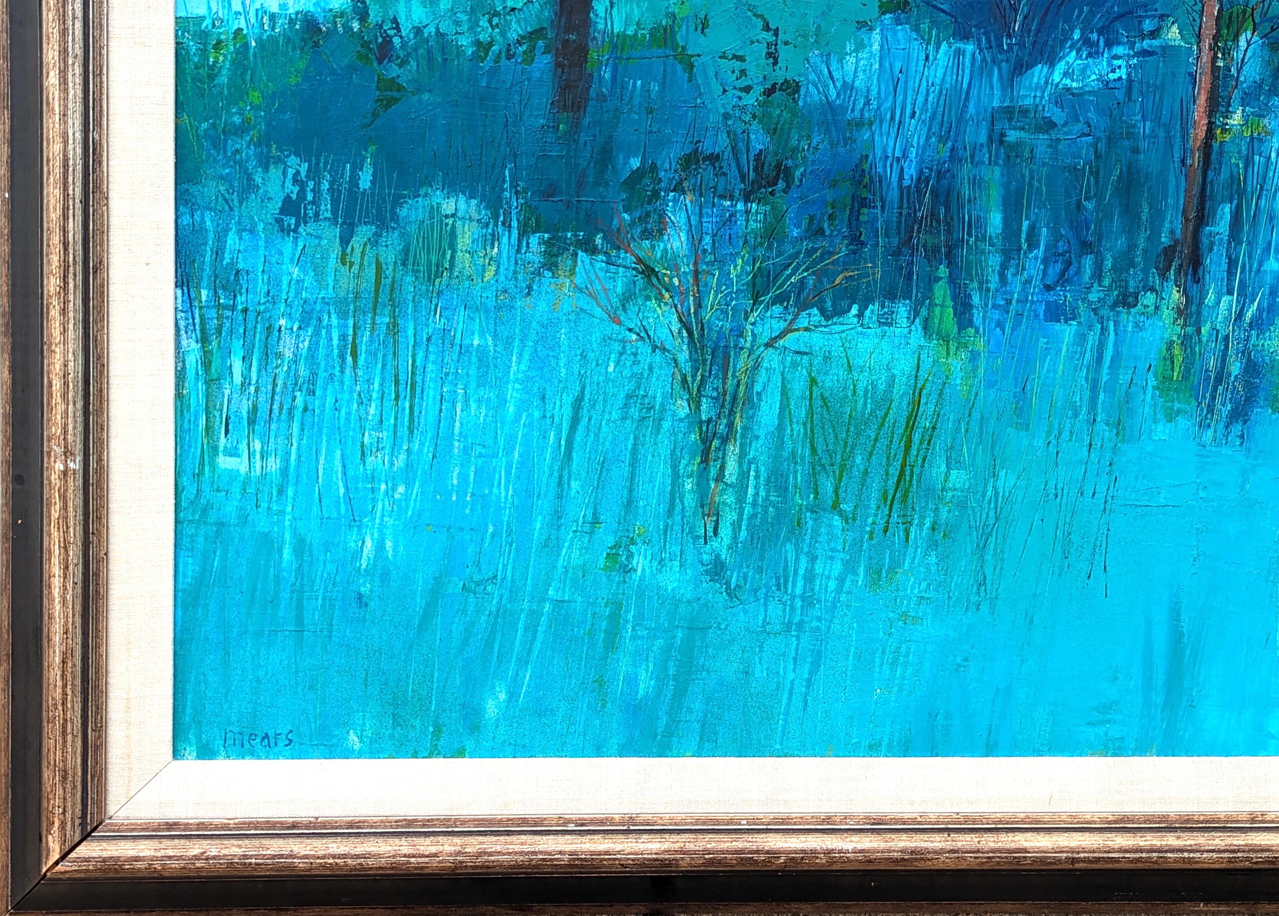 Pittura astratta moderna di paesaggio boschivo con tonalità blu e verde con casa 1