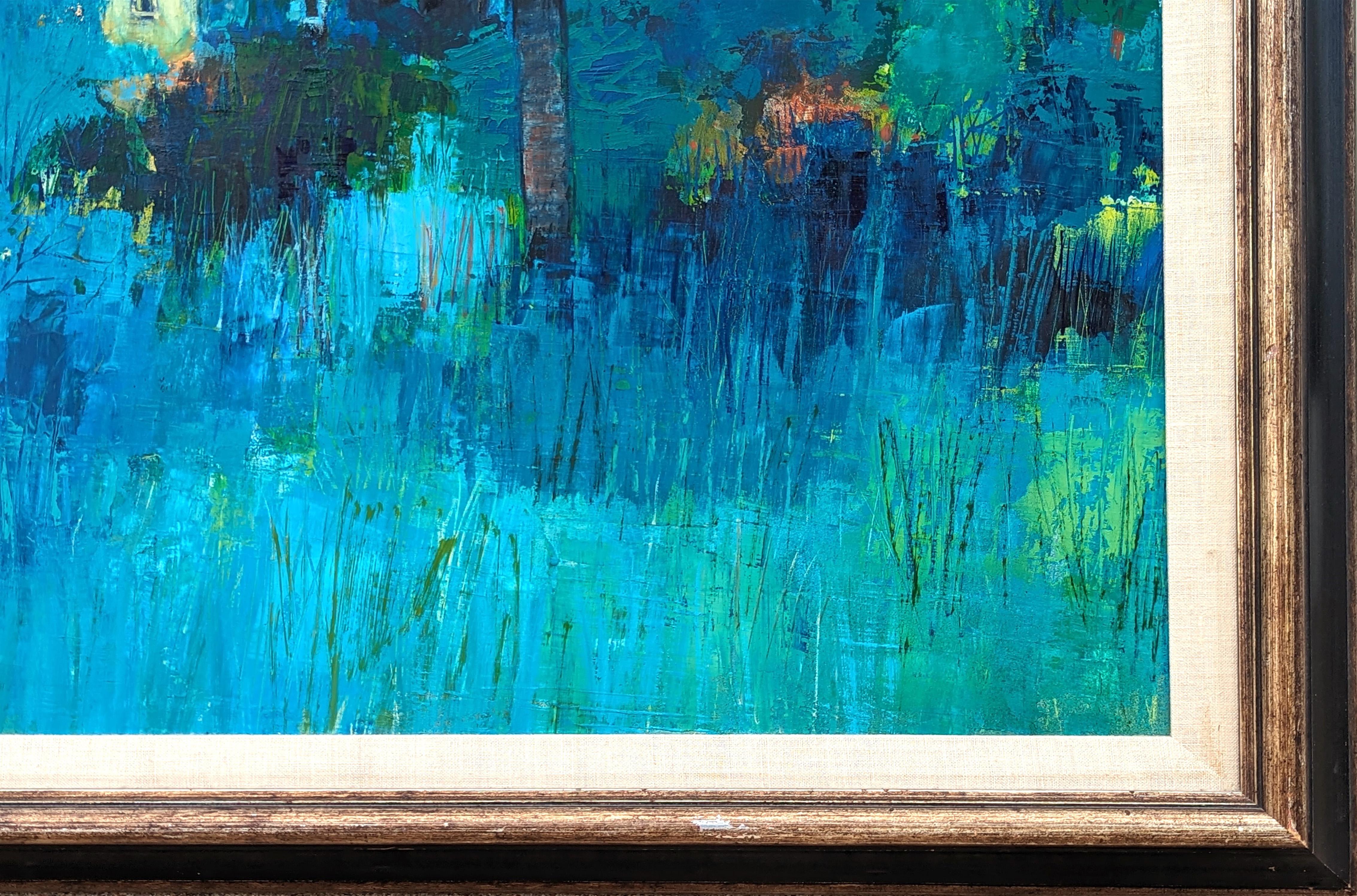 Pittura astratta moderna di paesaggio boschivo con tonalità blu e verde con casa 2