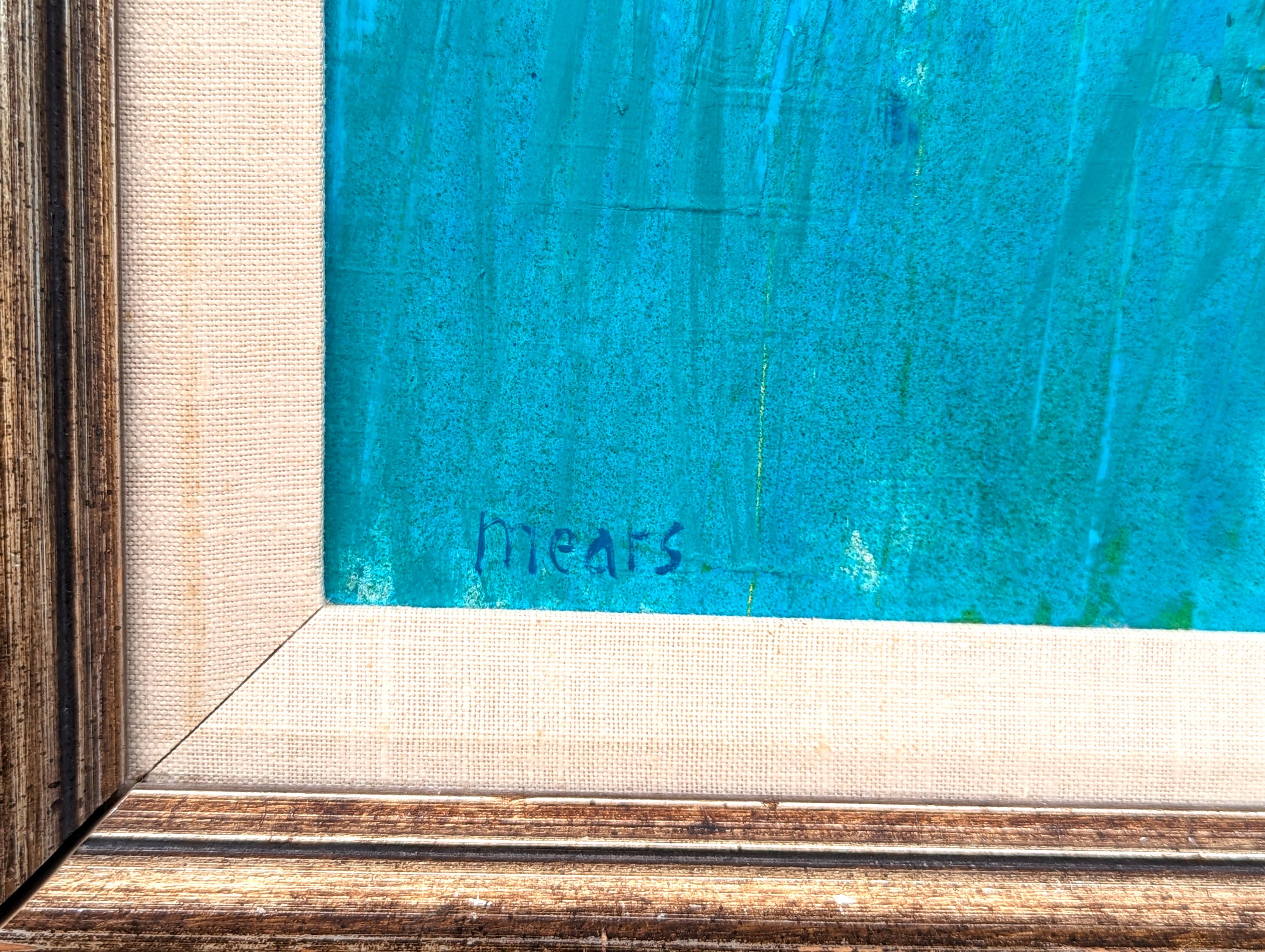 Pittura astratta moderna di paesaggio boschivo con tonalità blu e verde con casa 3