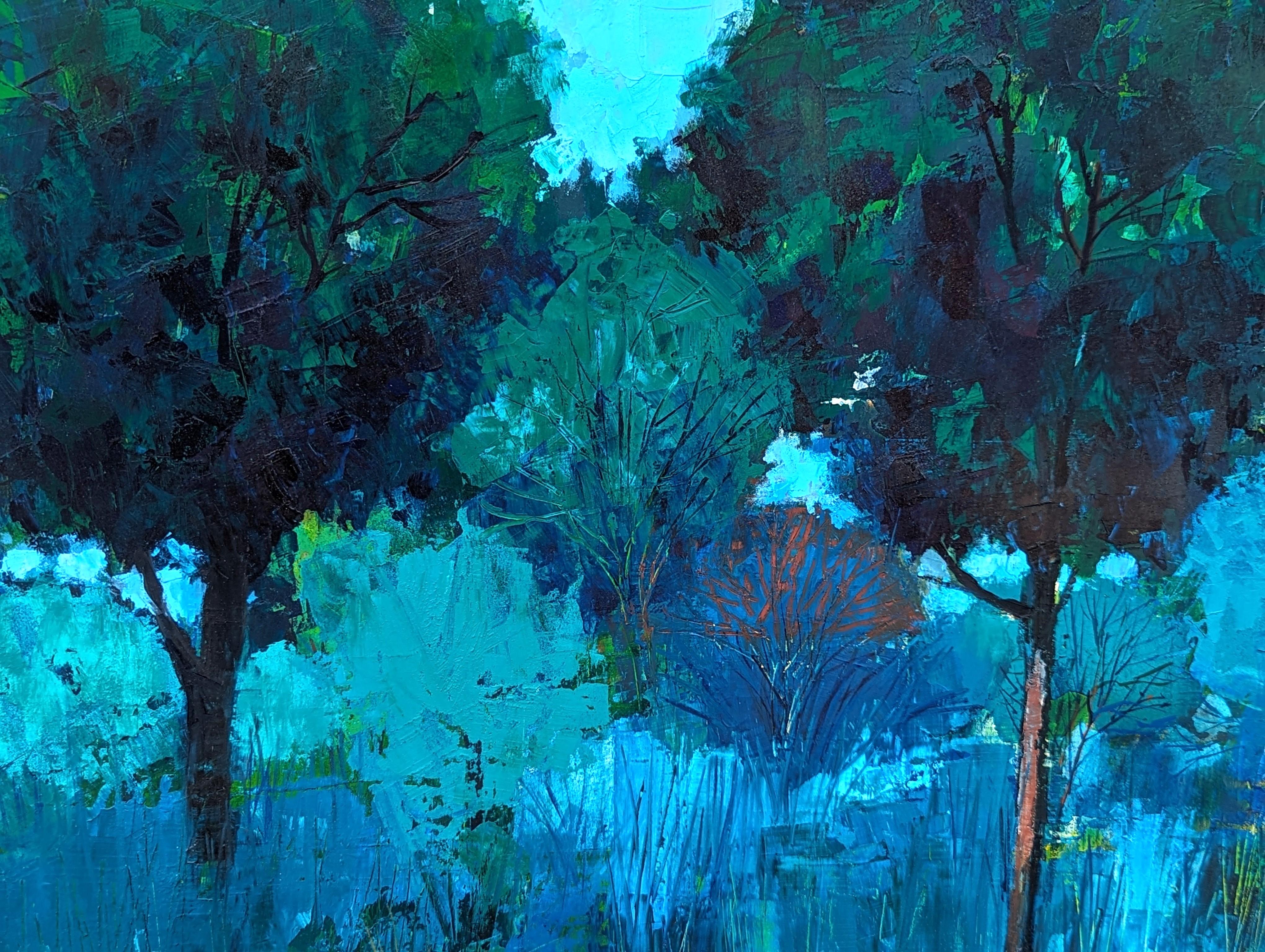Pittura astratta moderna di paesaggio boschivo con tonalità blu e verde con casa 4