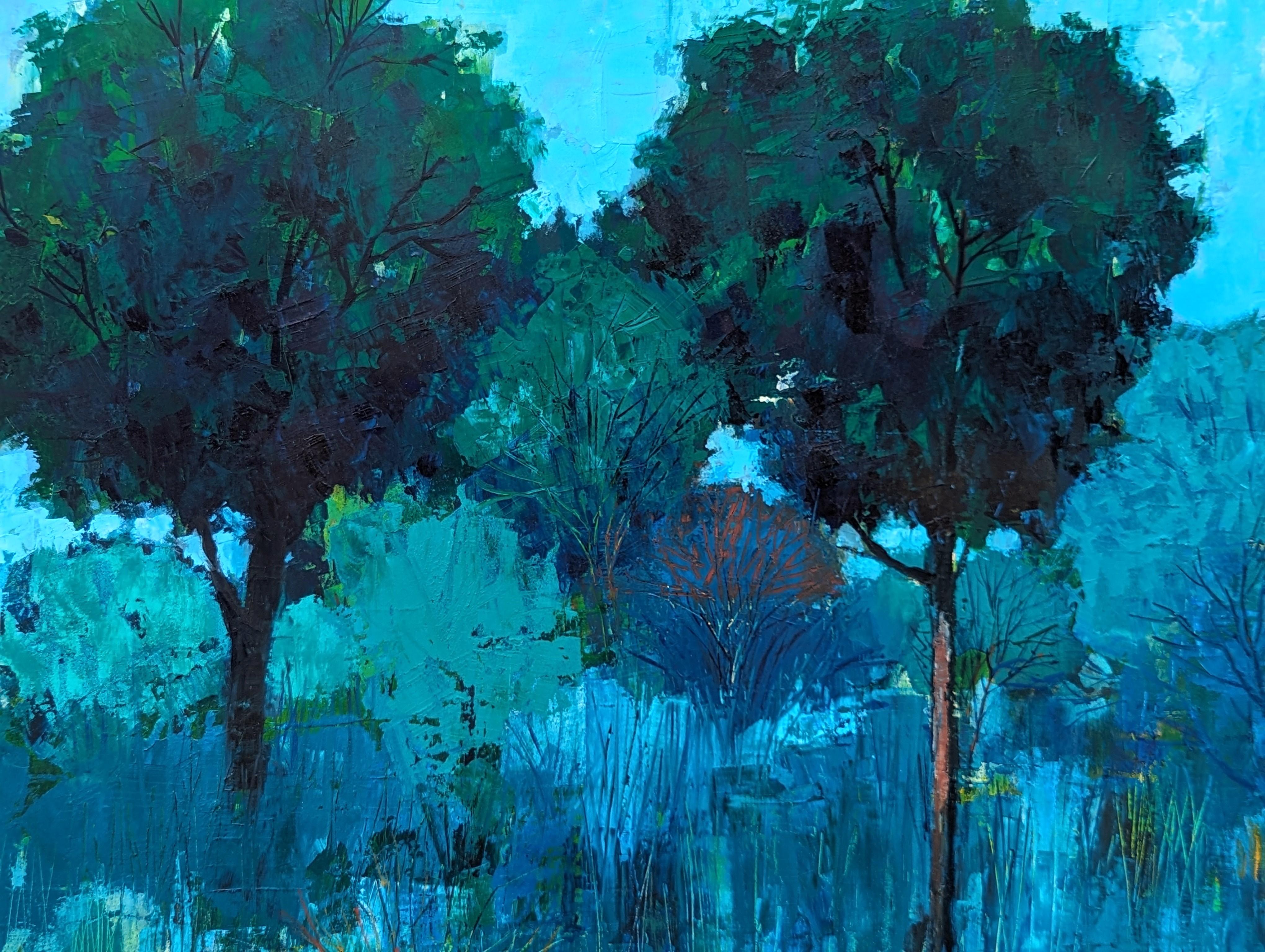 Pittura astratta moderna di paesaggio boschivo con tonalità blu e verde con casa 5