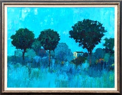 Modernes abstraktes blau-grün getöntes Wald-Landschaftsgemälde mit Haus