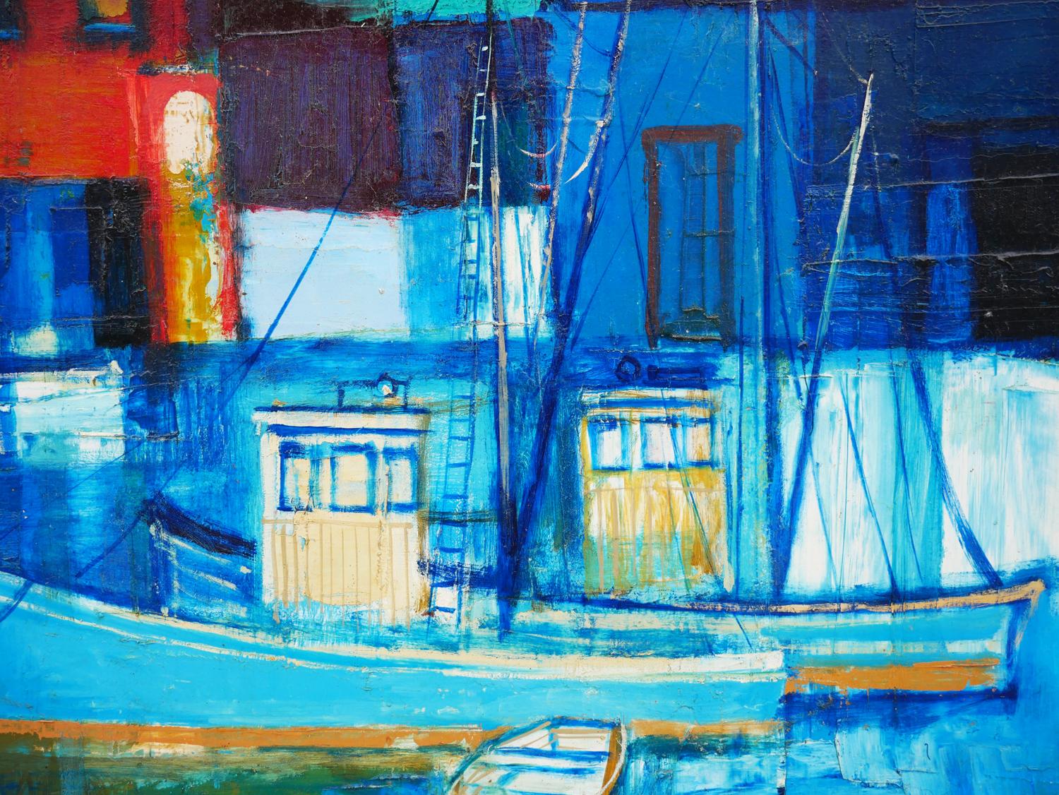 Modern Blue-Toned Abstract Coastal Cityscape Landscape with Boats at a Dock 5