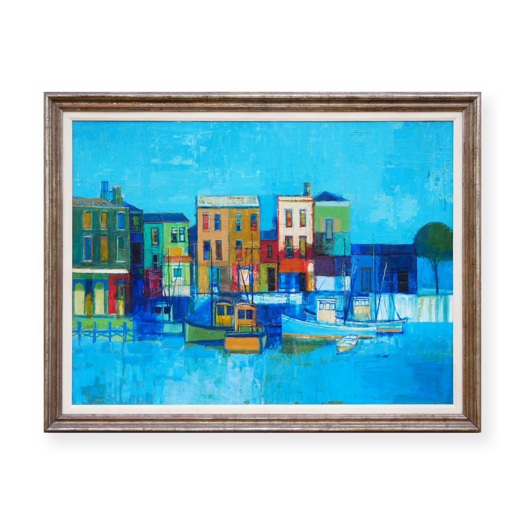 Modern Blue-Toned Abstract Coastal Cityscape Landscape with Boats at a Dock - Painting by Herb Mears