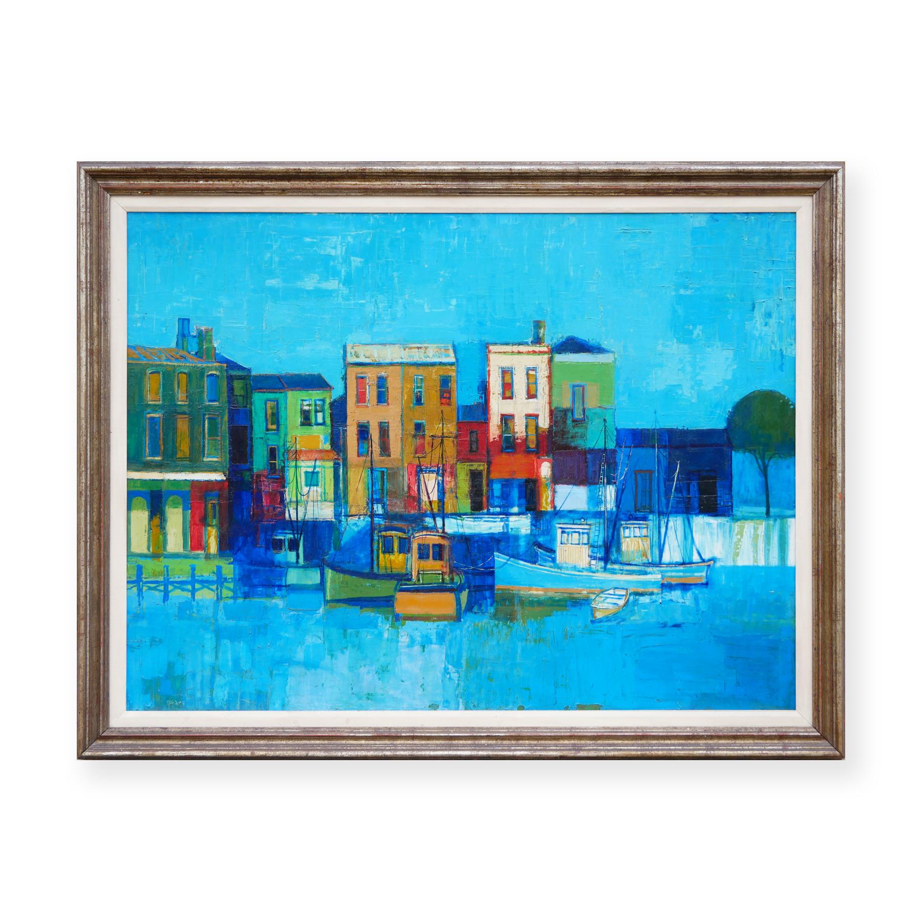 Paesaggio costiero astratto moderno dai toni blu con barche su un molo - Painting di Herb Mears