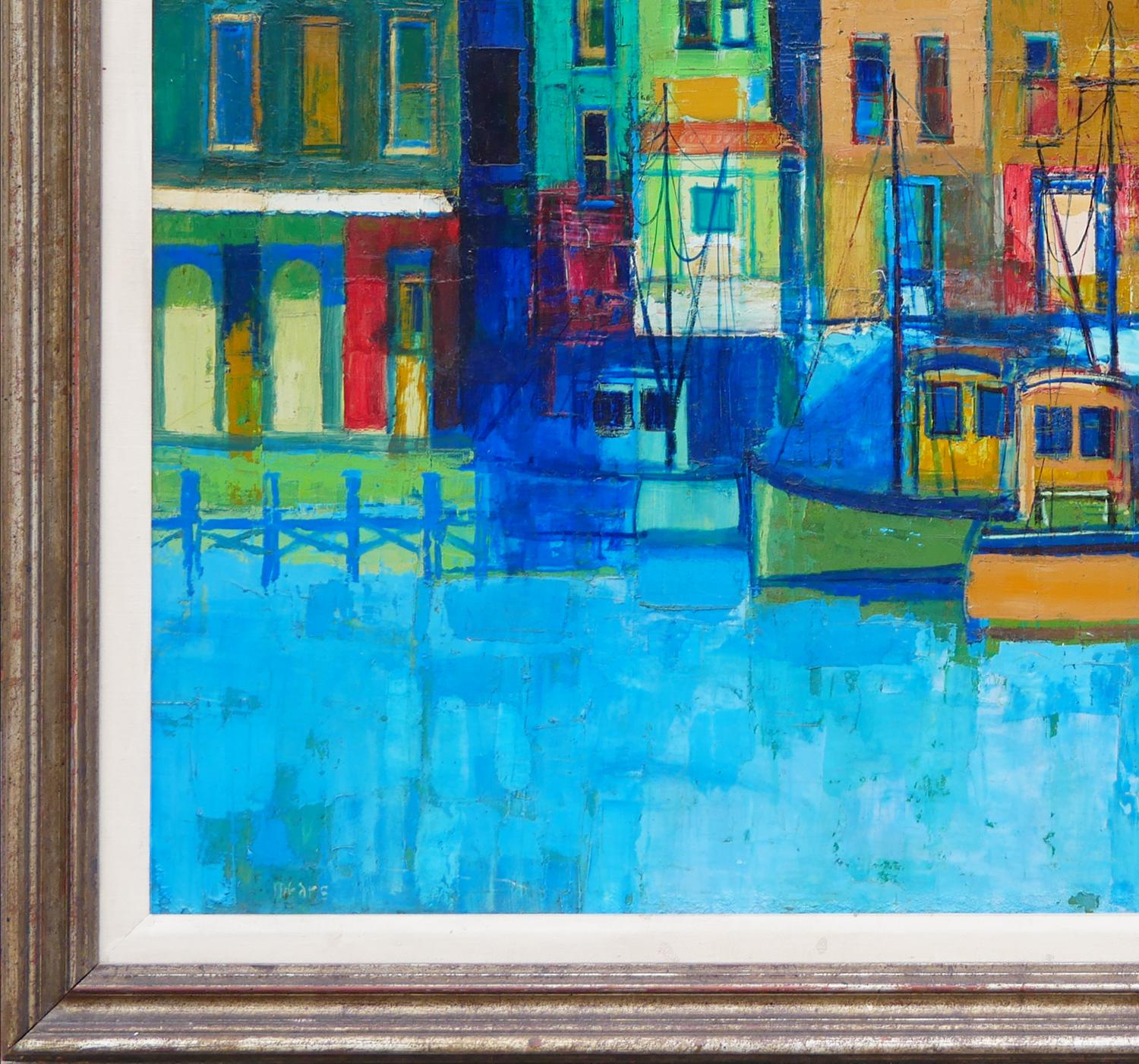 Modern Blue-Toned Abstract Coastal Cityscape Landscape with Boats at a Dock - Brown Abstract Painting by Herb Mears
