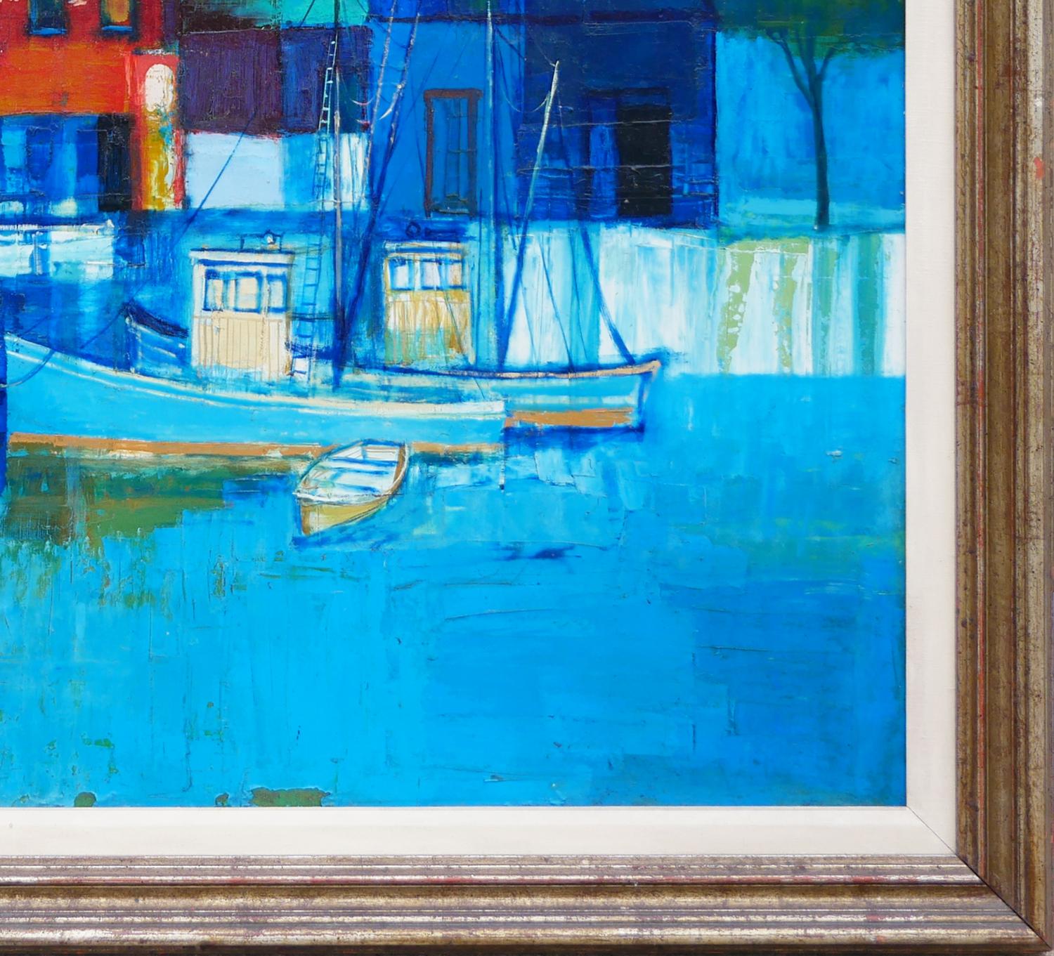 Blue-toned abstract geometric landscape painting by Houston, TX artist Herb Mears. This painting depicts a village port along a European city bound by mountains and a river. Signed by the artist in the front lower left. Currently hung in a wooden