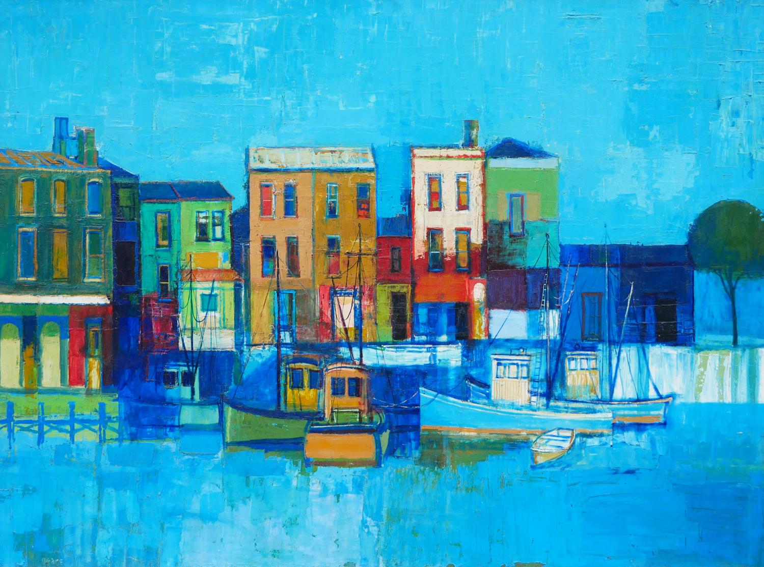Modern Blue-Toned Abstract Coastal Cityscape Landscape with Boats at a Dock 1