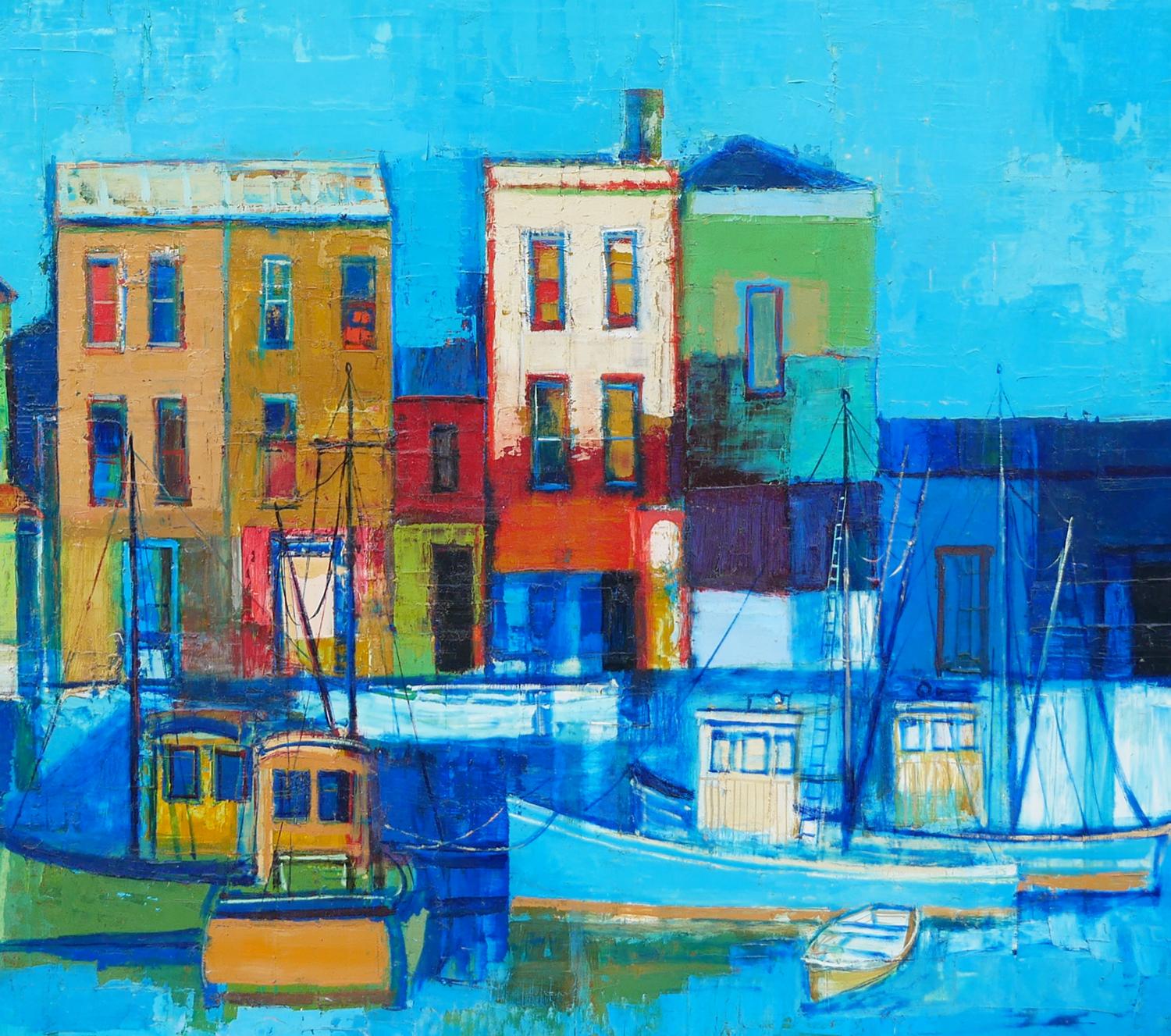 Modern Blue-Toned Abstract Coastal Cityscape Landscape with Boats at a Dock 2