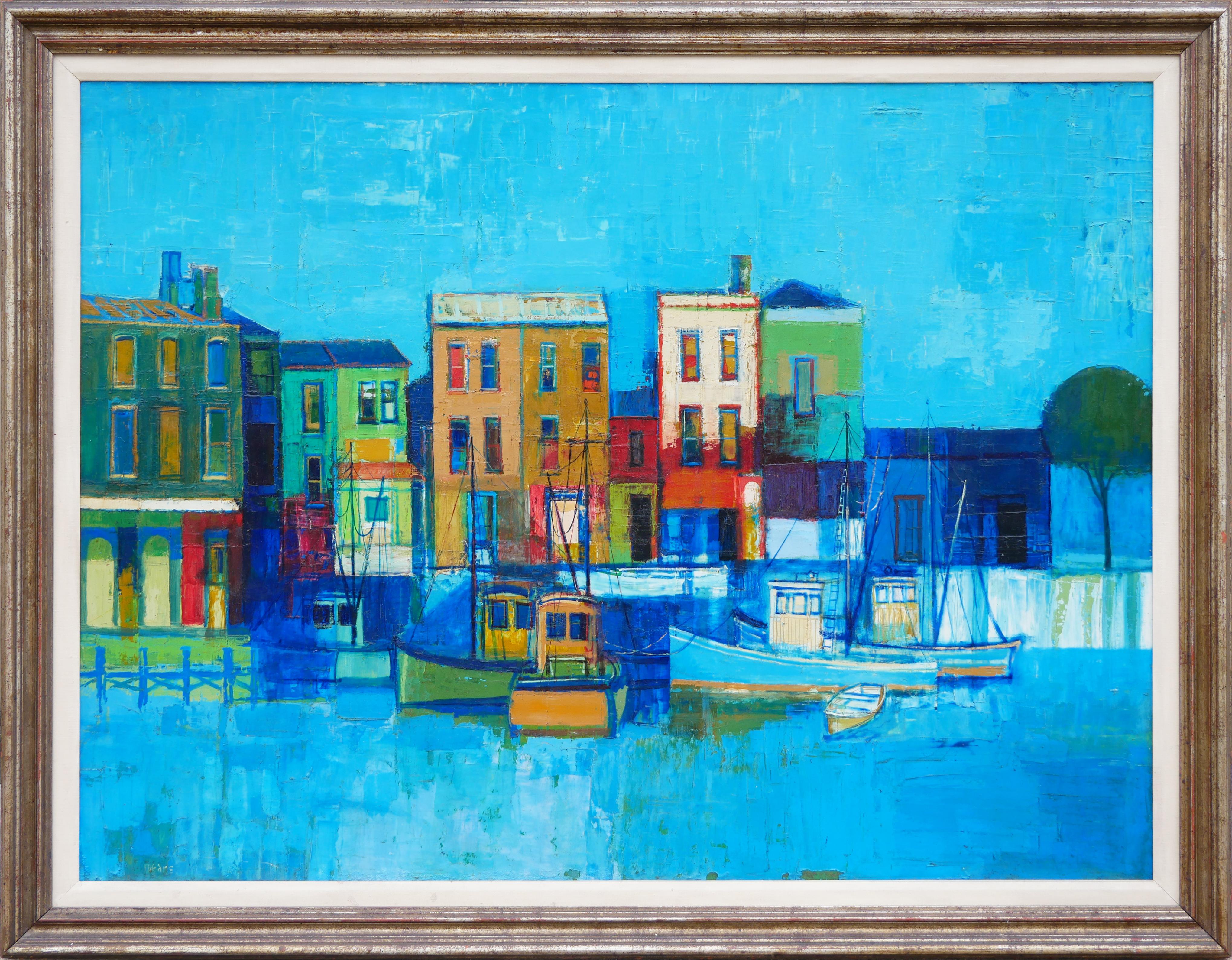 Herb Mears Abstract Painting - Modern Blue-Toned Abstract Coastal Cityscape Landscape with Boats at a Dock