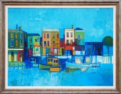 Modern Blue-Toned Abstract Coastal Cityscape Landscape with Boats at a Dock